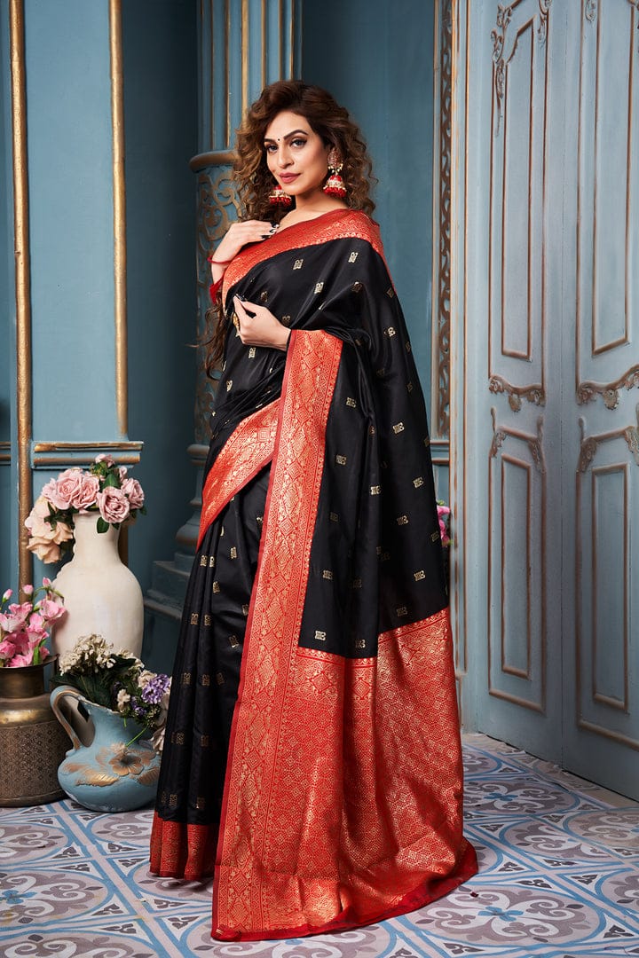 Black Color Golden Zari Weaving Jacquard Saree With Rich Pallu