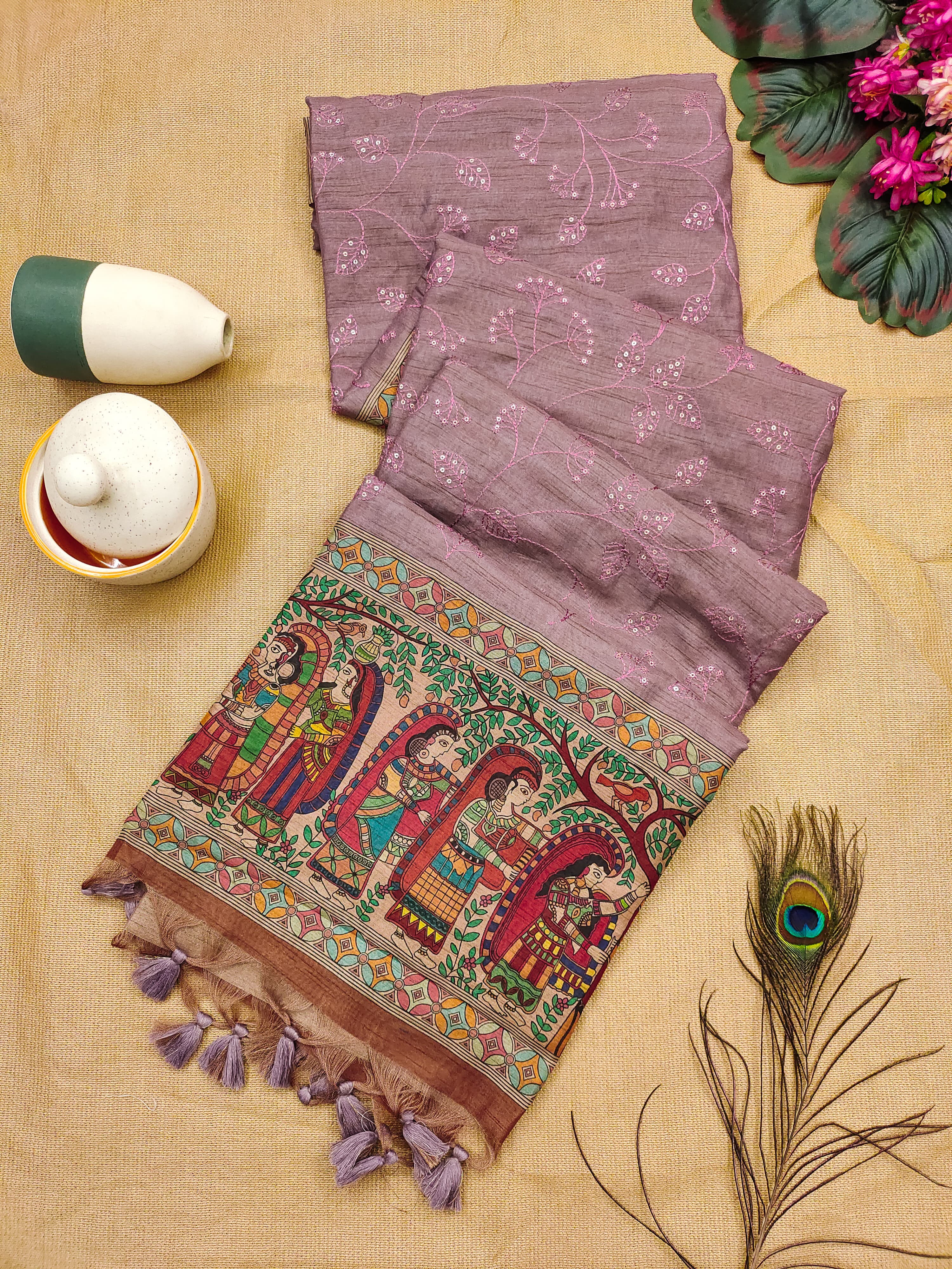 Lavender Color Premium Tussar Silk Saree With Amazing Sequence Embroidery Work And Fancy Tassels