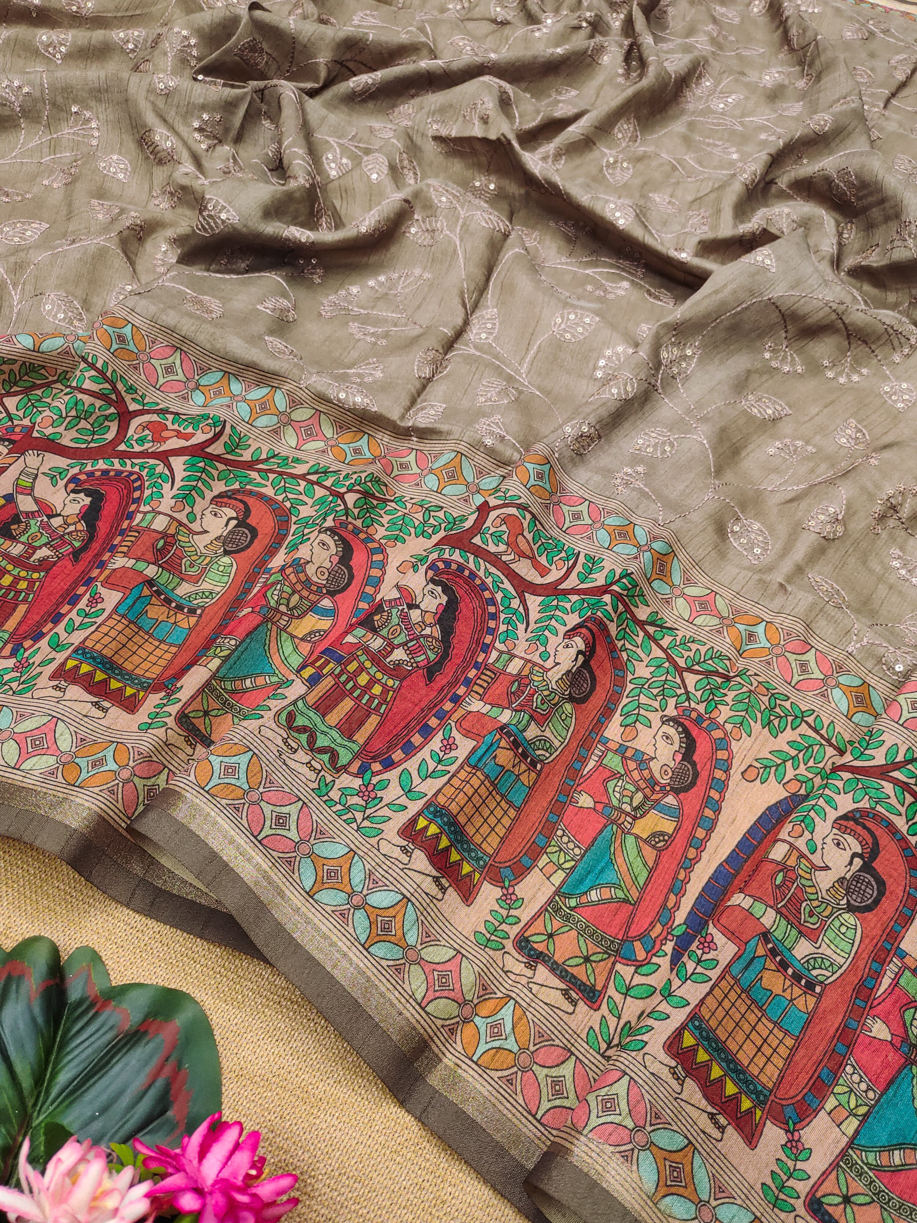 Stone Color Premium Tussar Silk Saree With Amazing Sequence Embroidery Work And Fancy Tassels