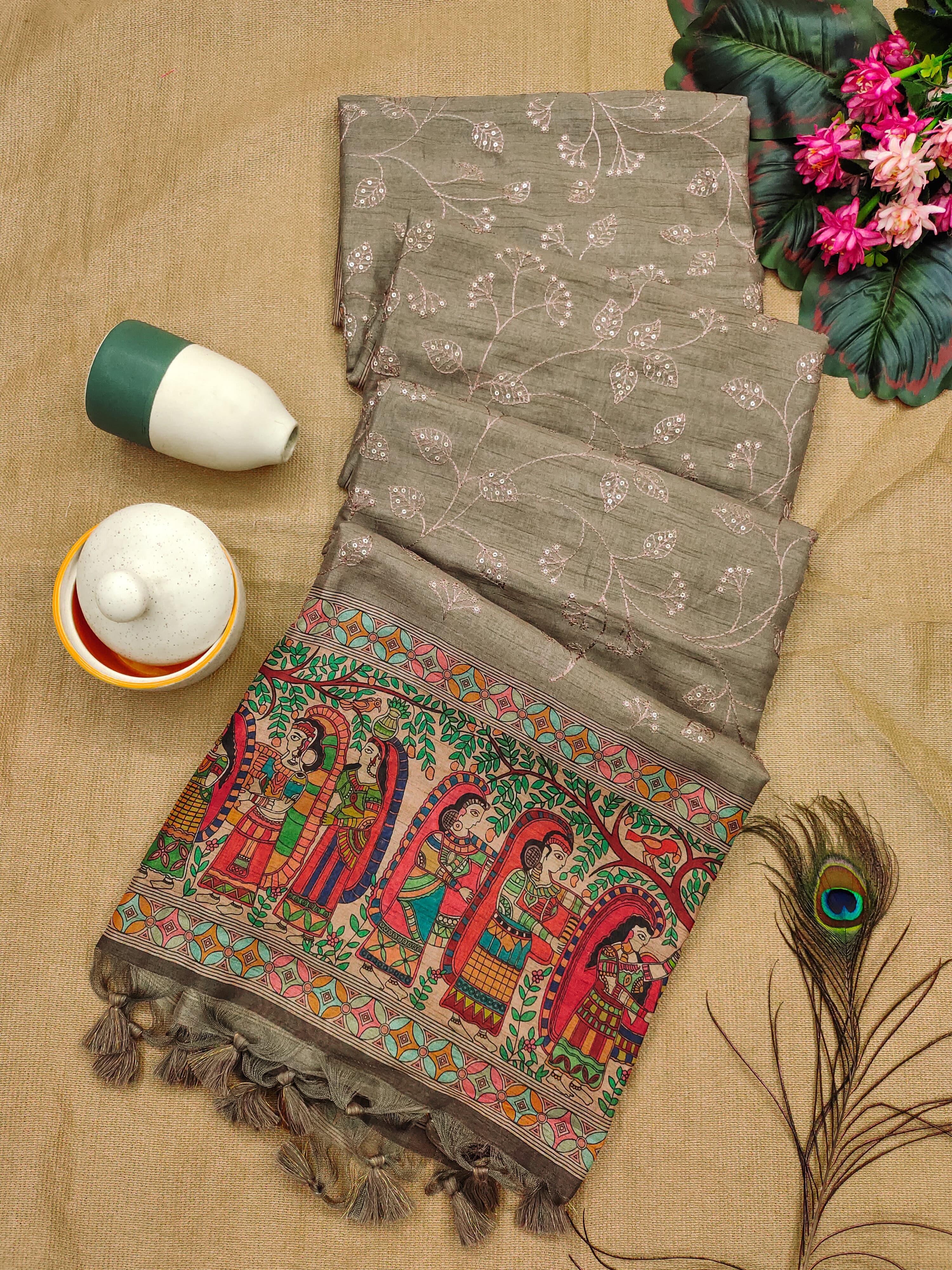 Stone Color Premium Tussar Silk Saree With Amazing Sequence Embroidery Work And Fancy Tassels