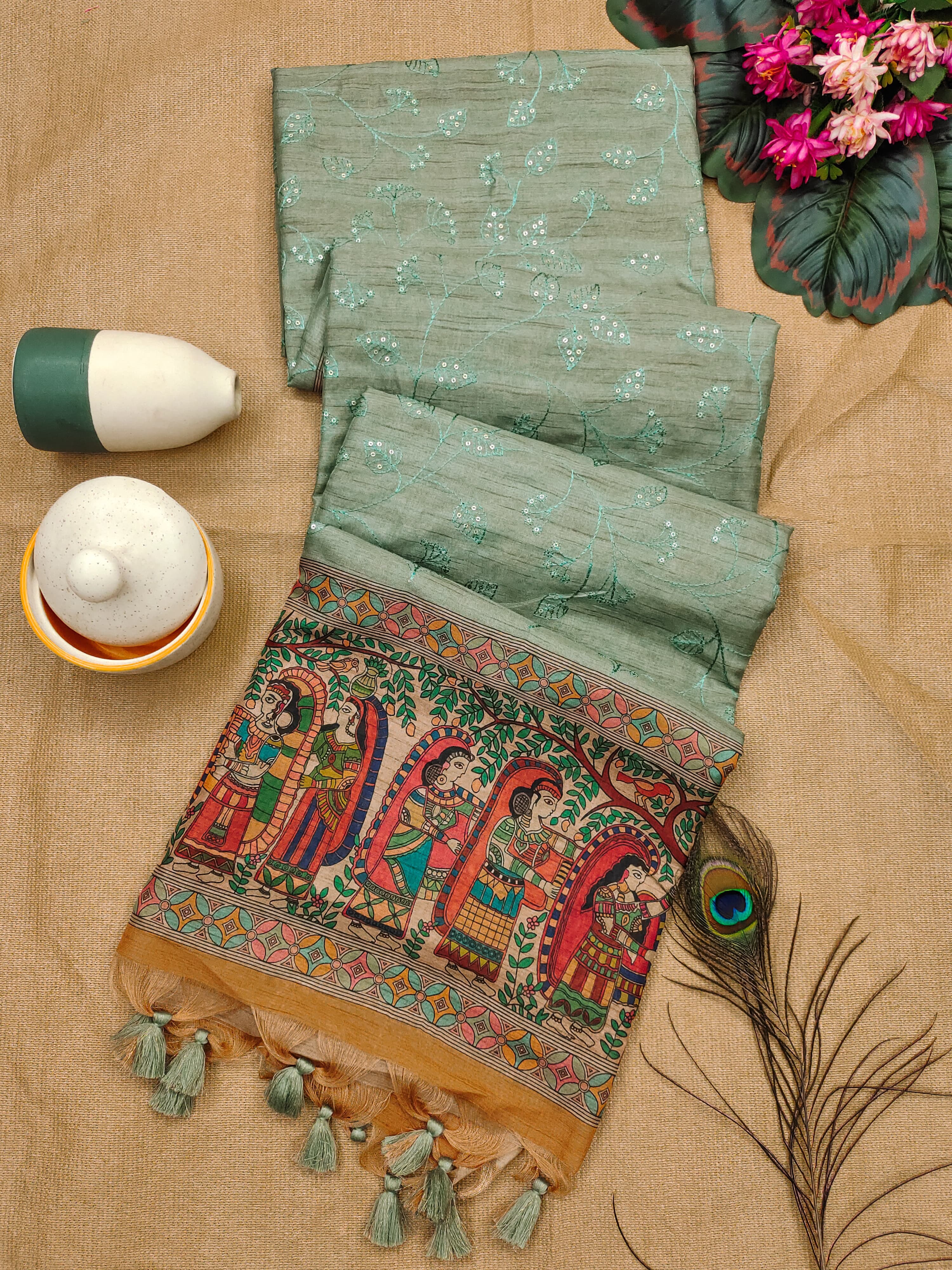 Aqua Green Premium Tussar Silk Saree With Amazing Sequence Embroidery Work And Fancy Tassels