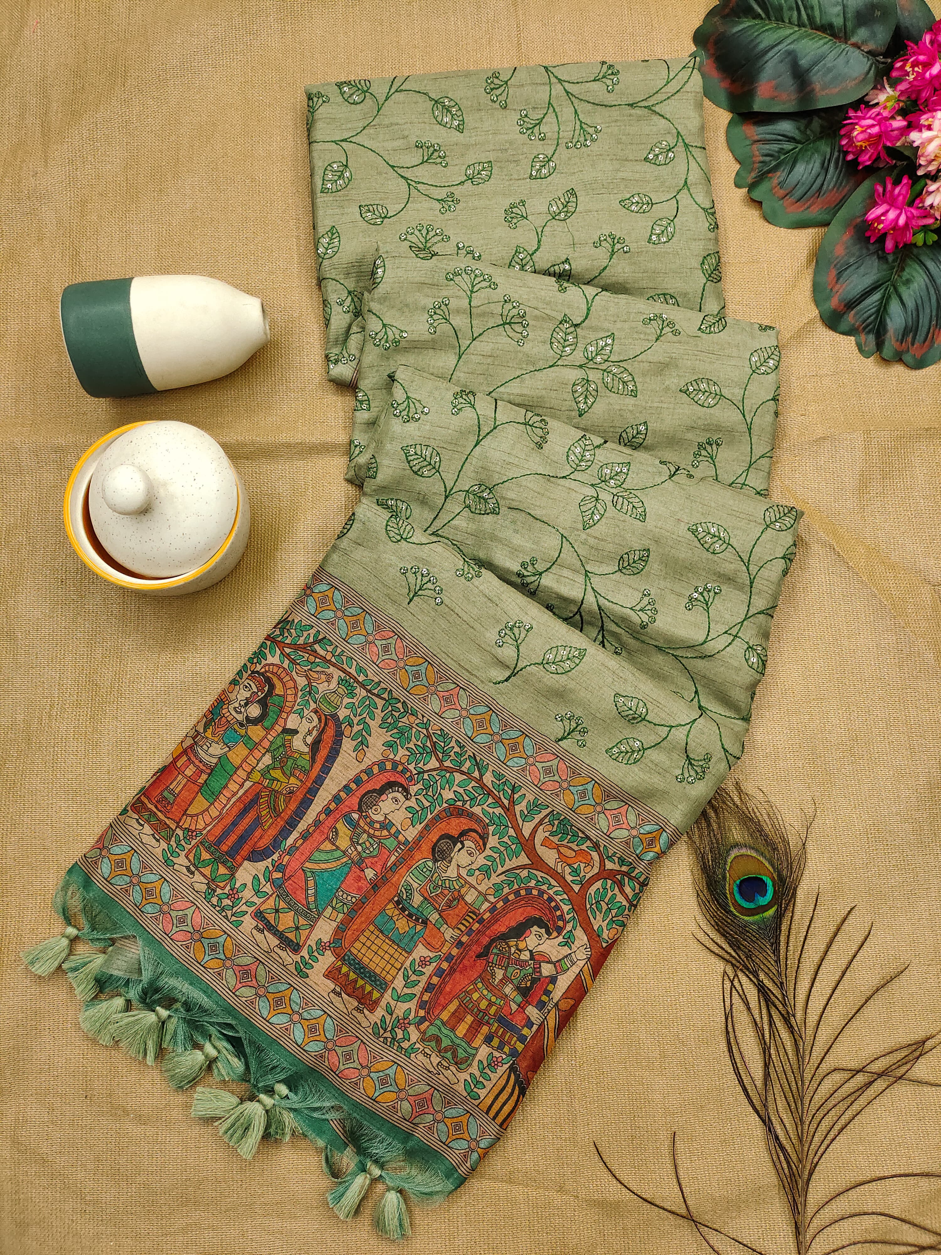 Light Green Premium Tussar Silk Saree With Amazing Sequence Embroidery Work And Fancy Tassels