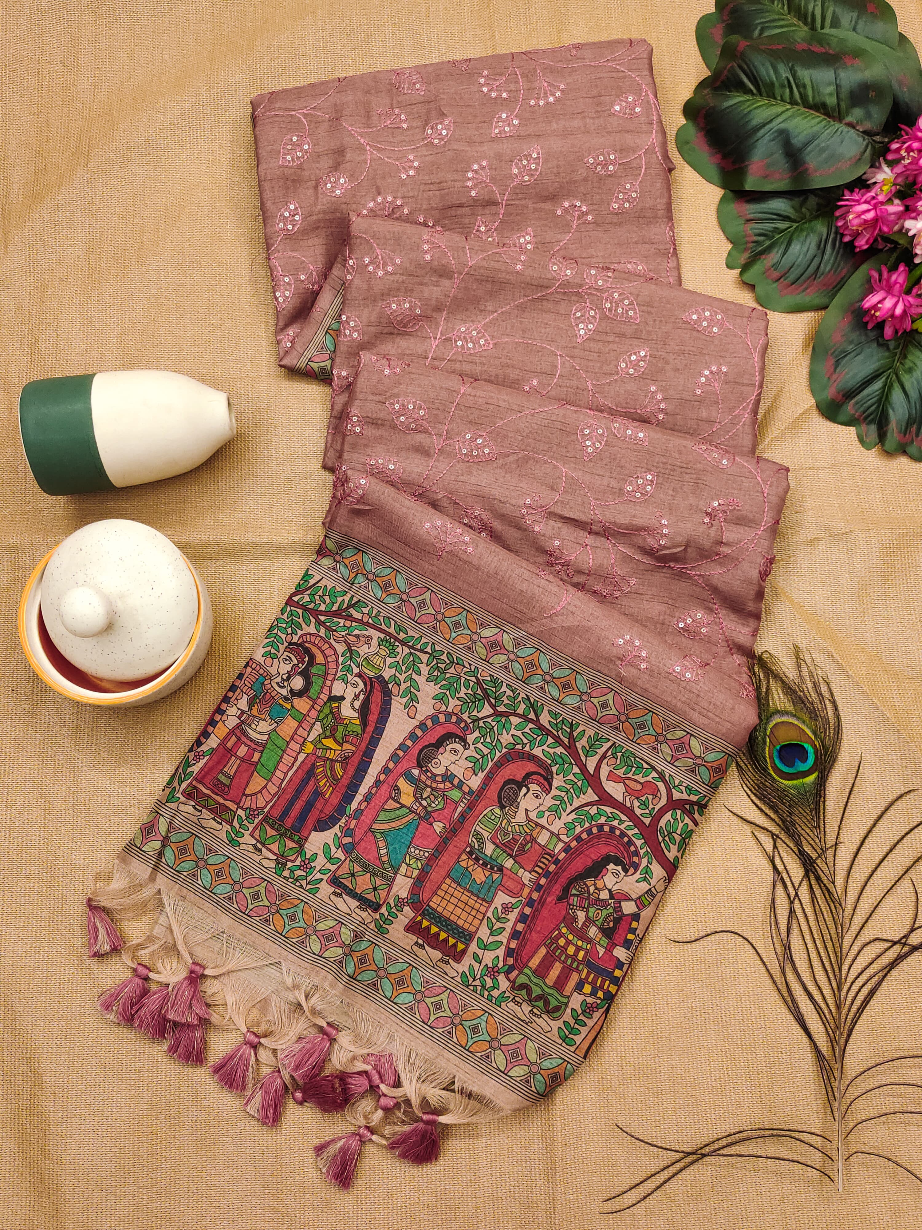 Onion Color Premium Tussar Silk Saree With Amazing Sequence Embroidery Work And Fancy Tassels