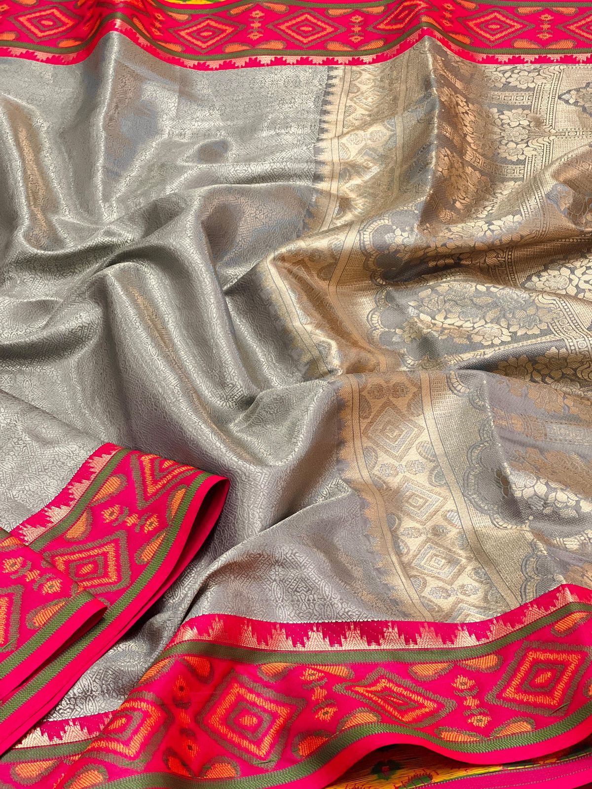 Stone Grey Premium Kanjivaram Silk Fabric With A Fusion Of Patola Silk With A Super Rich Pallu