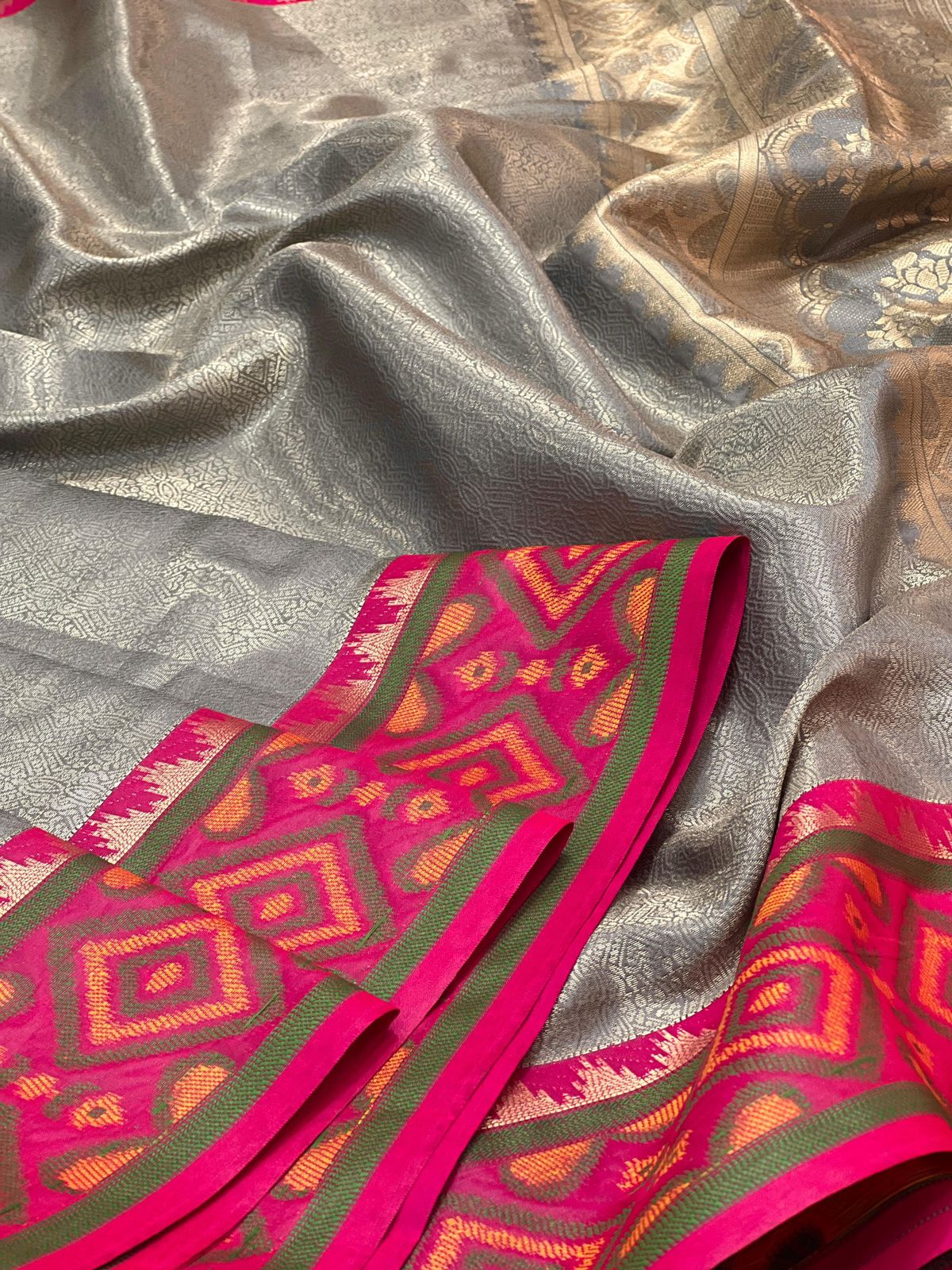 Stone Grey Premium Kanjivaram Silk Fabric With A Fusion Of Patola Silk With A Super Rich Pallu