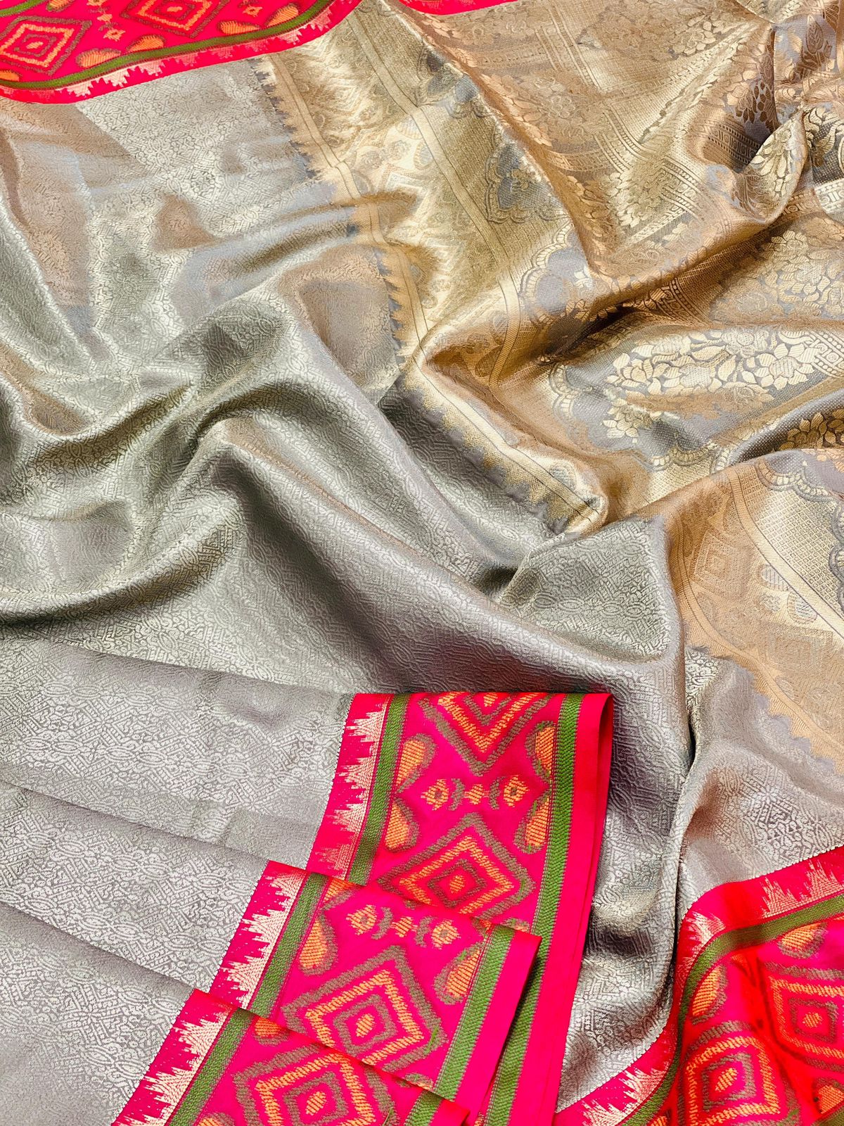 Stone Grey Premium Kanjivaram Silk Fabric With A Fusion Of Patola Silk With A Super Rich Pallu