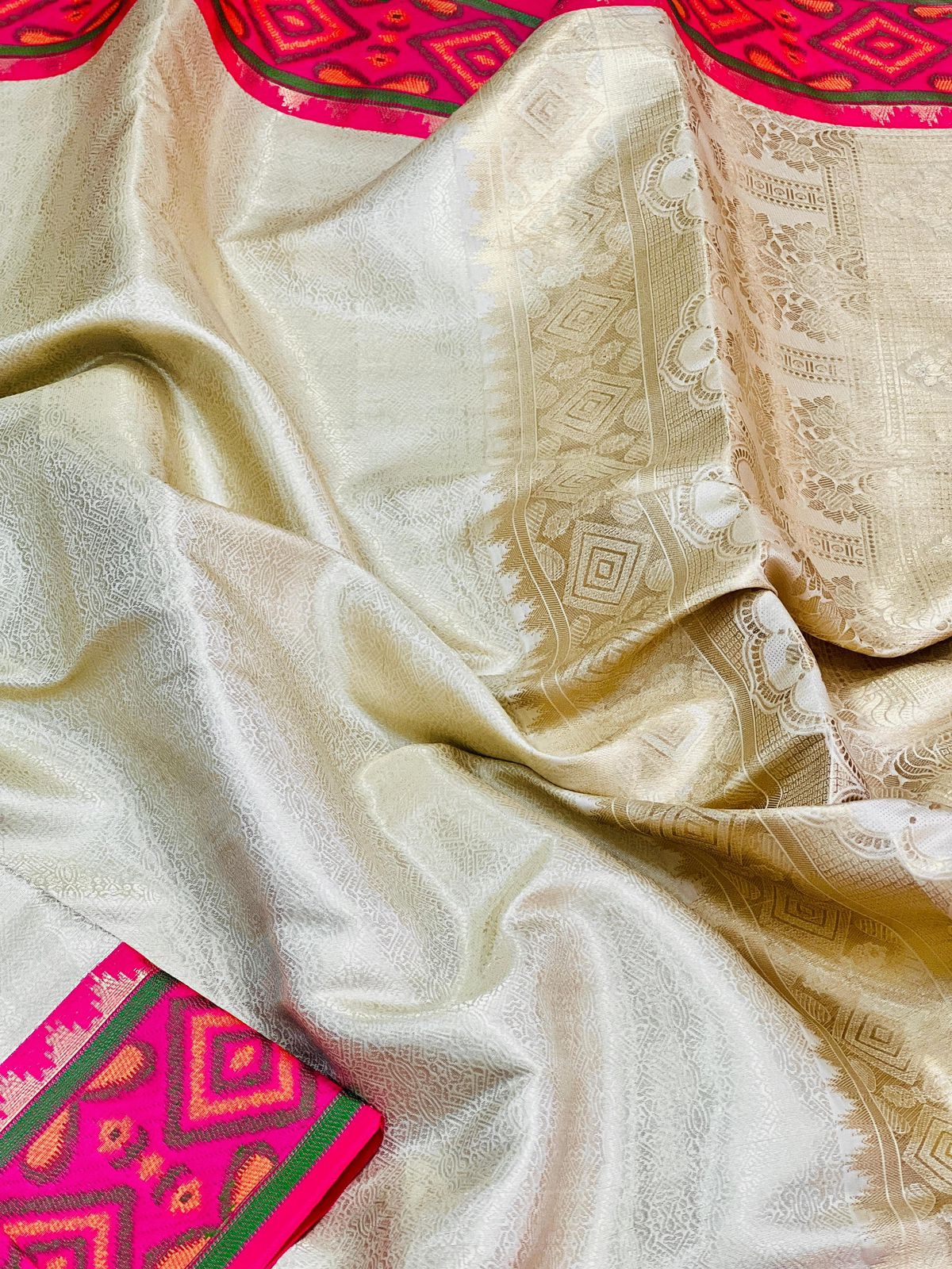 Cream Color Premium Kanjivaram Silk Fabric With A Fusion Of Patola Silk With A Super Rich Pallu