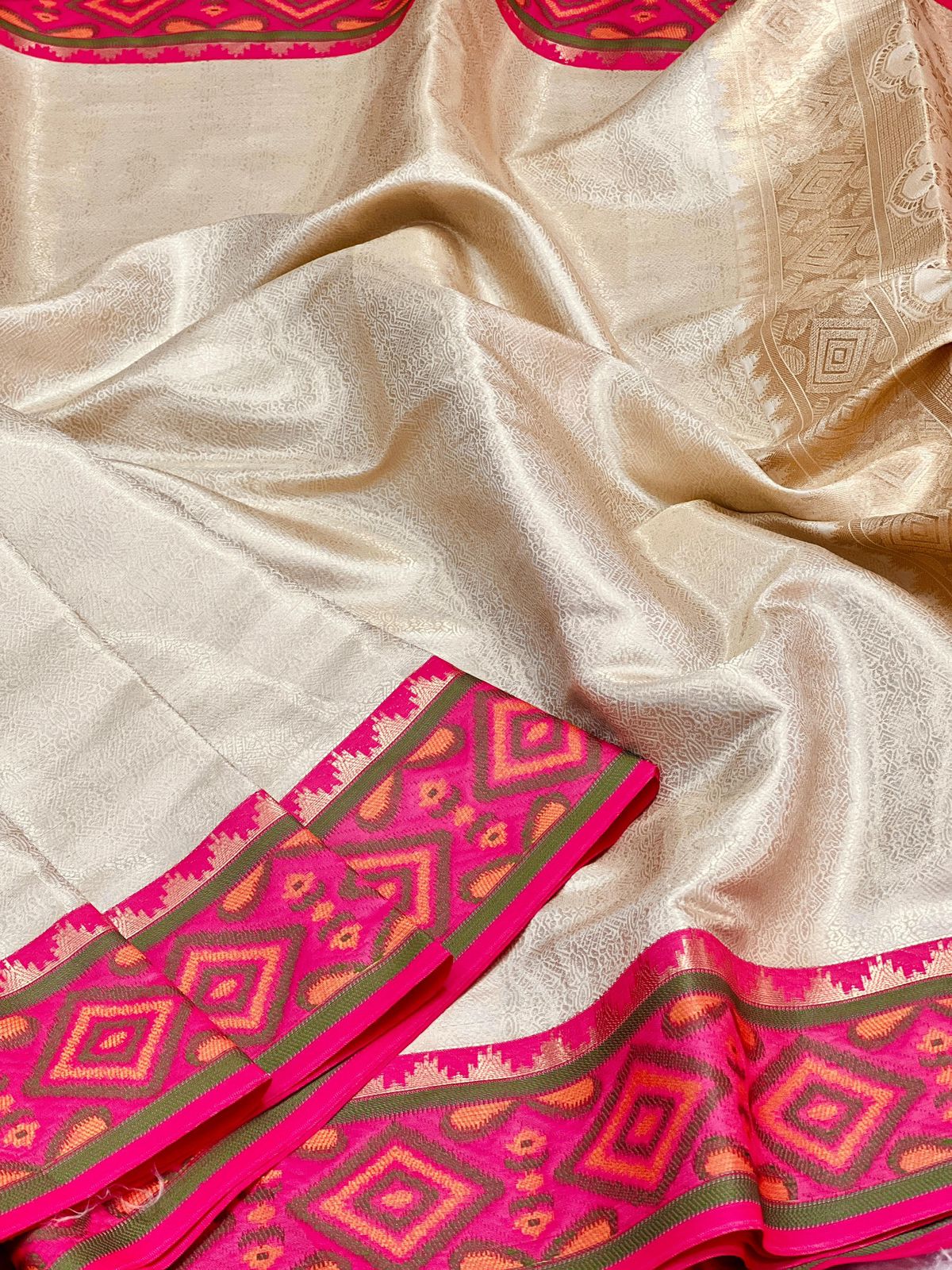 Cream Color Premium Kanjivaram Silk Fabric With A Fusion Of Patola Silk With A Super Rich Pallu