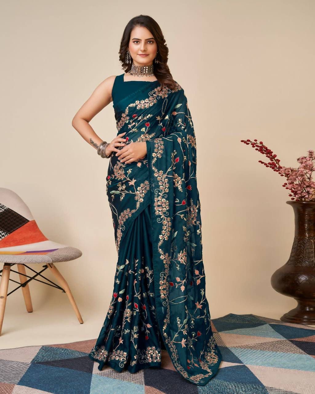 Party Wear Rangoli Silk Saree With C-Pallu All Over Embroidery Work