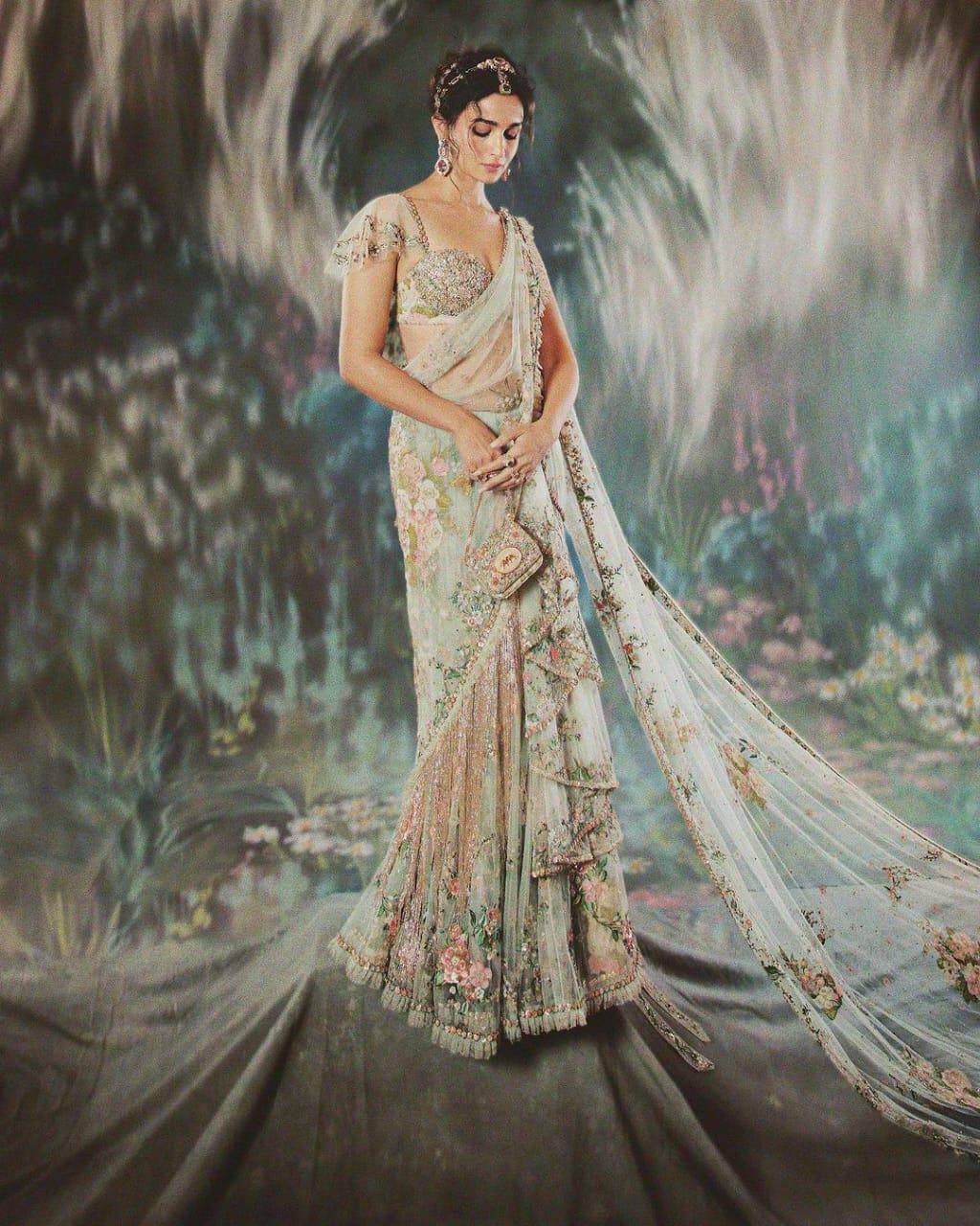 Alia Bhatt Soft Tabi Organza Saree with Heavy Digital Print with  Multi Thread and Sequins Embroidery Work