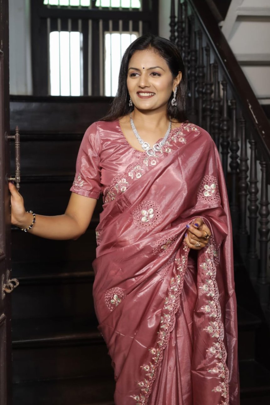 Onion Color Premium Soft Silk Saree With Embroidery Work With Cutwotk Design