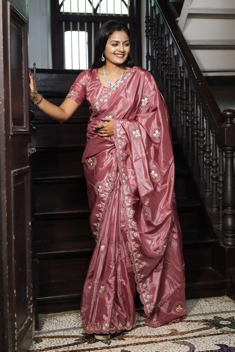 Onion Color Premium Soft Silk Saree With Embroidery Work With Cutwotk Design