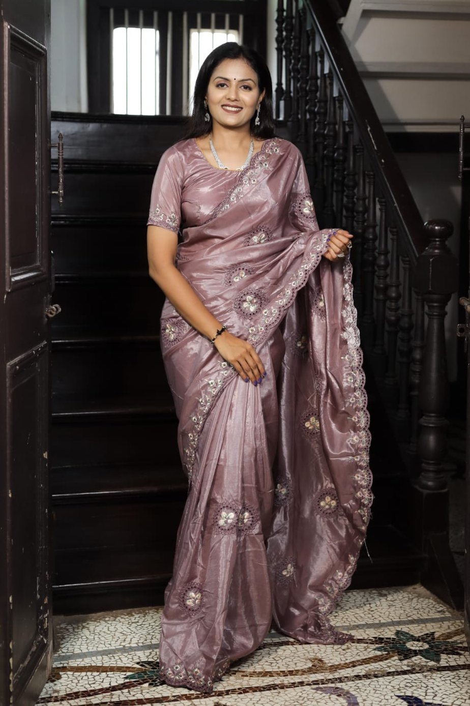 Lavender Color Premium Soft Silk Saree With Embroidery Work With Cutwotk Design