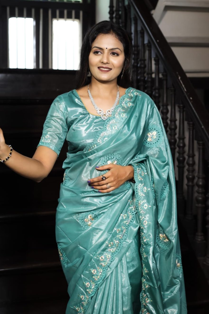 Aqua Green Color Premium Soft Silk Saree With Embroidery Work With Cutwotk Design