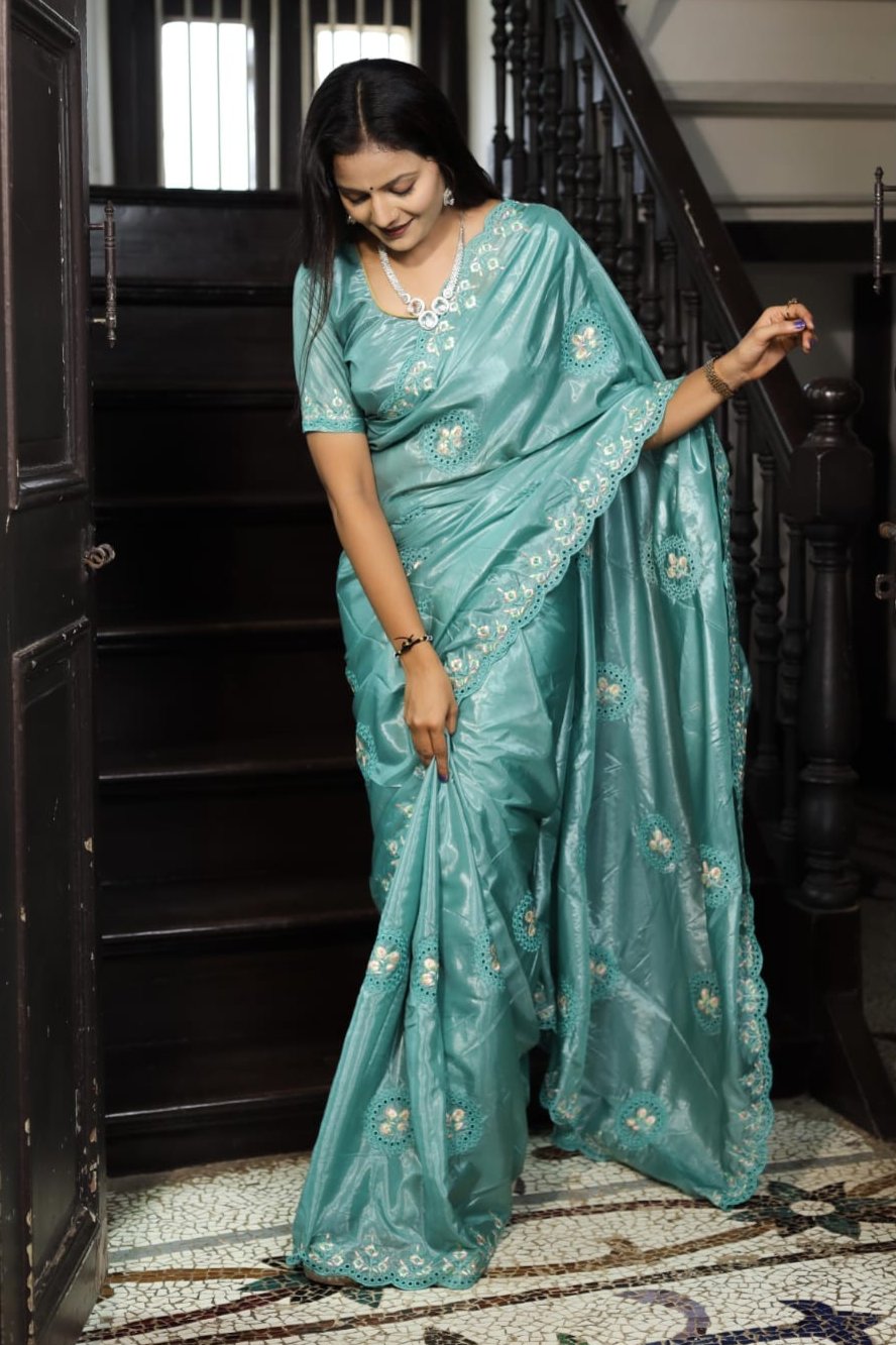 Aqua Green Color Premium Soft Silk Saree With Embroidery Work With Cutwotk Design