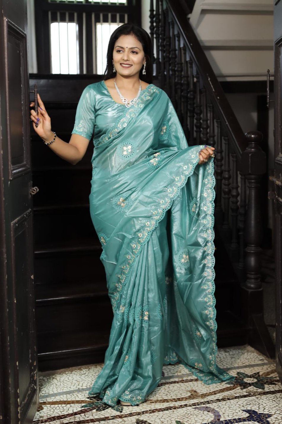 Aqua Green Color Premium Soft Silk Saree With Embroidery Work With Cutwotk Design