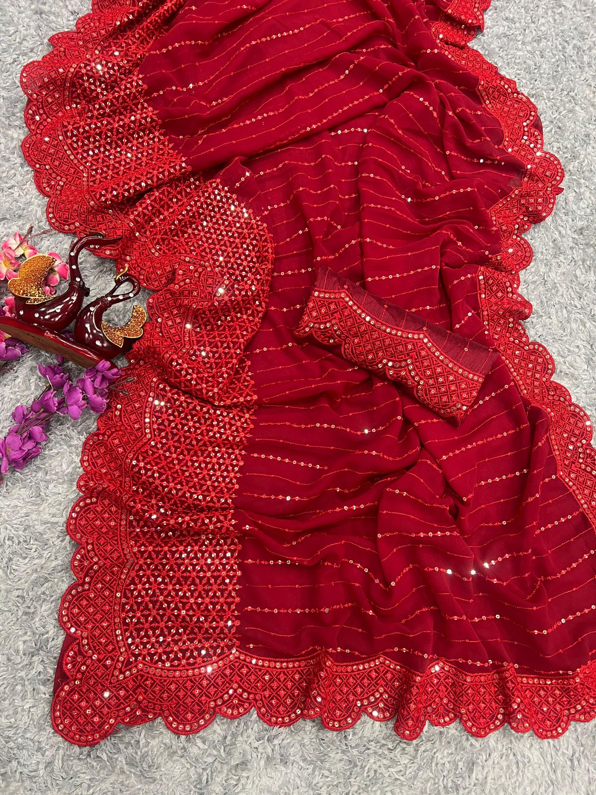 Bollywood Style Ruby Red Georgette Saree With Heavy Embroidered Thread work