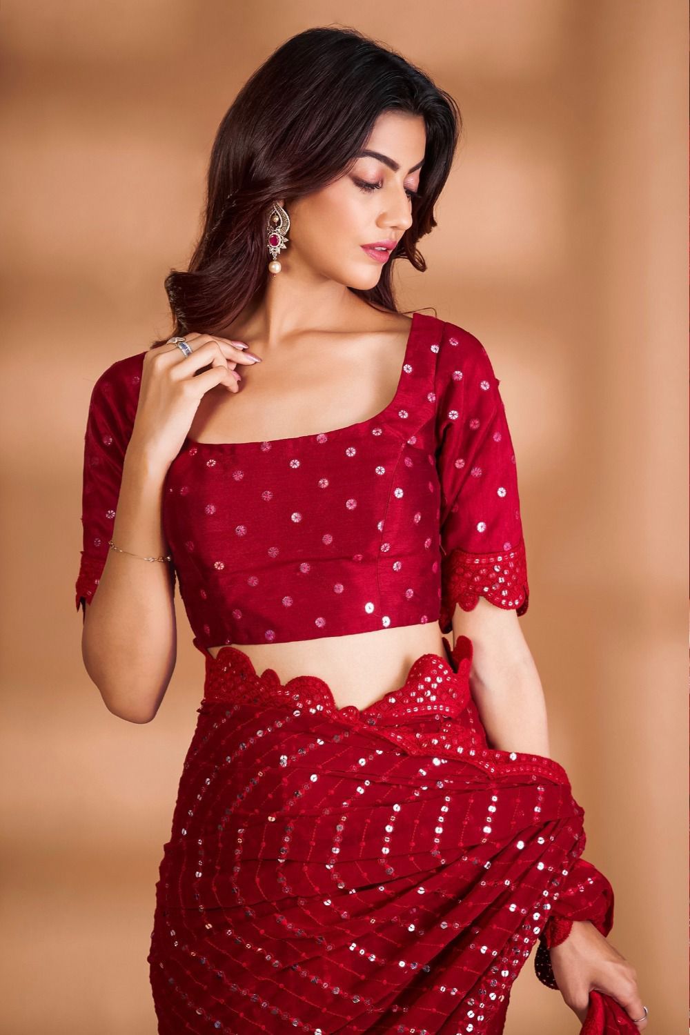 Bollywood Style Ruby Red Georgette Saree With Heavy Embroidered Thread work