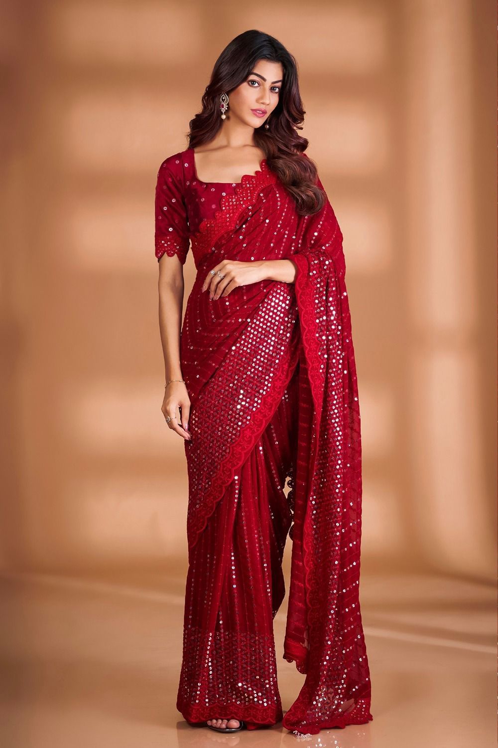 Bollywood Style Ruby Red Georgette Saree With Heavy Embroidered Thread work