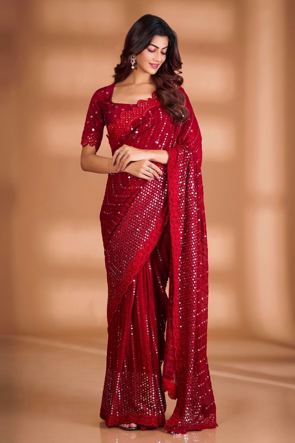 Bollywood Style Ruby Red Georgette Saree With Heavy Embroidered Thread work