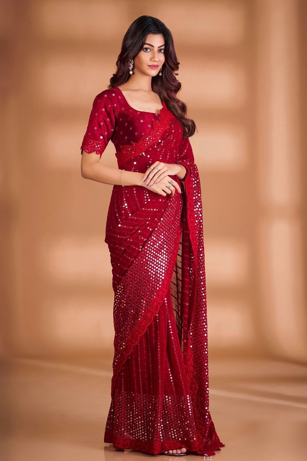 Bollywood Style Ruby Red Georgette Saree With Heavy Embroidered Thread work