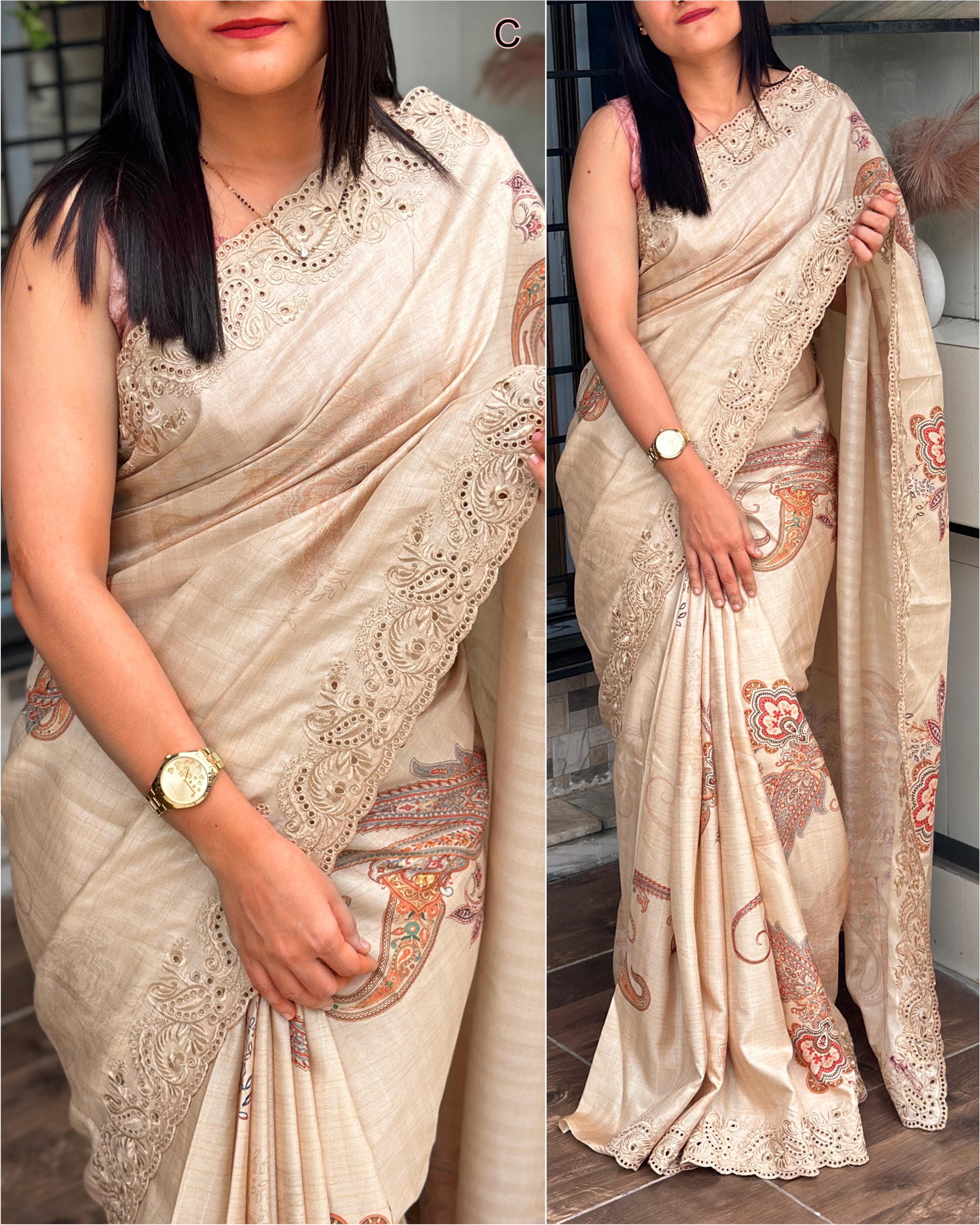 Beige Color Visca Slub Silk Saree With Digital Print And Thread Embroidered Work