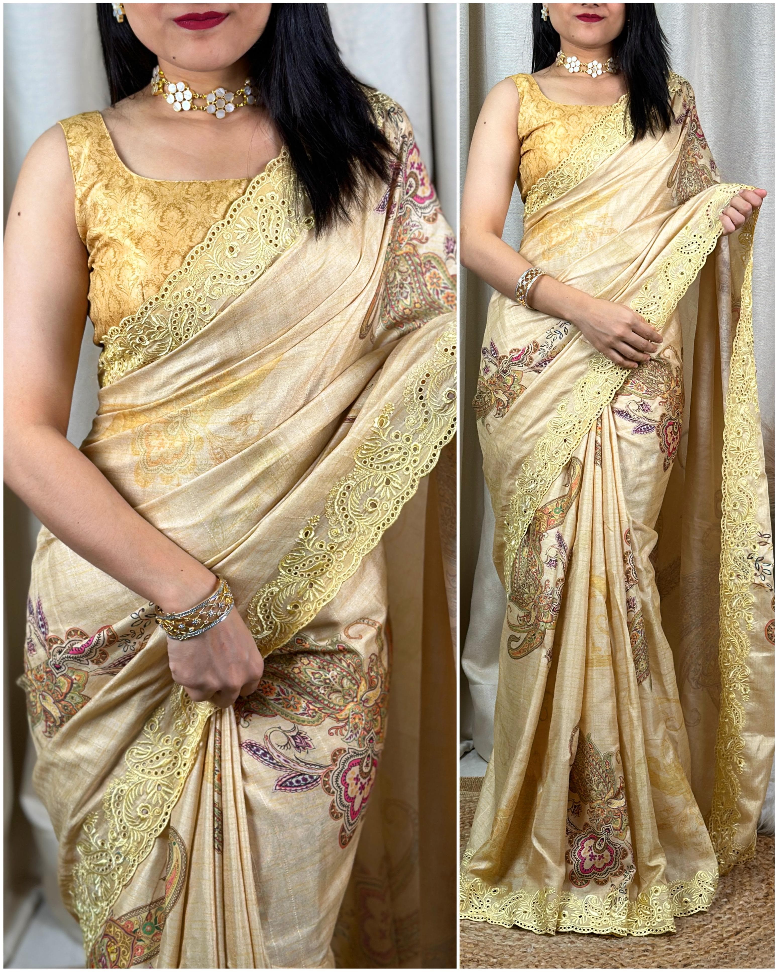 Golden Yellow Color Visca Slub Silk Saree With Digital Print And Thread Embroidered Work