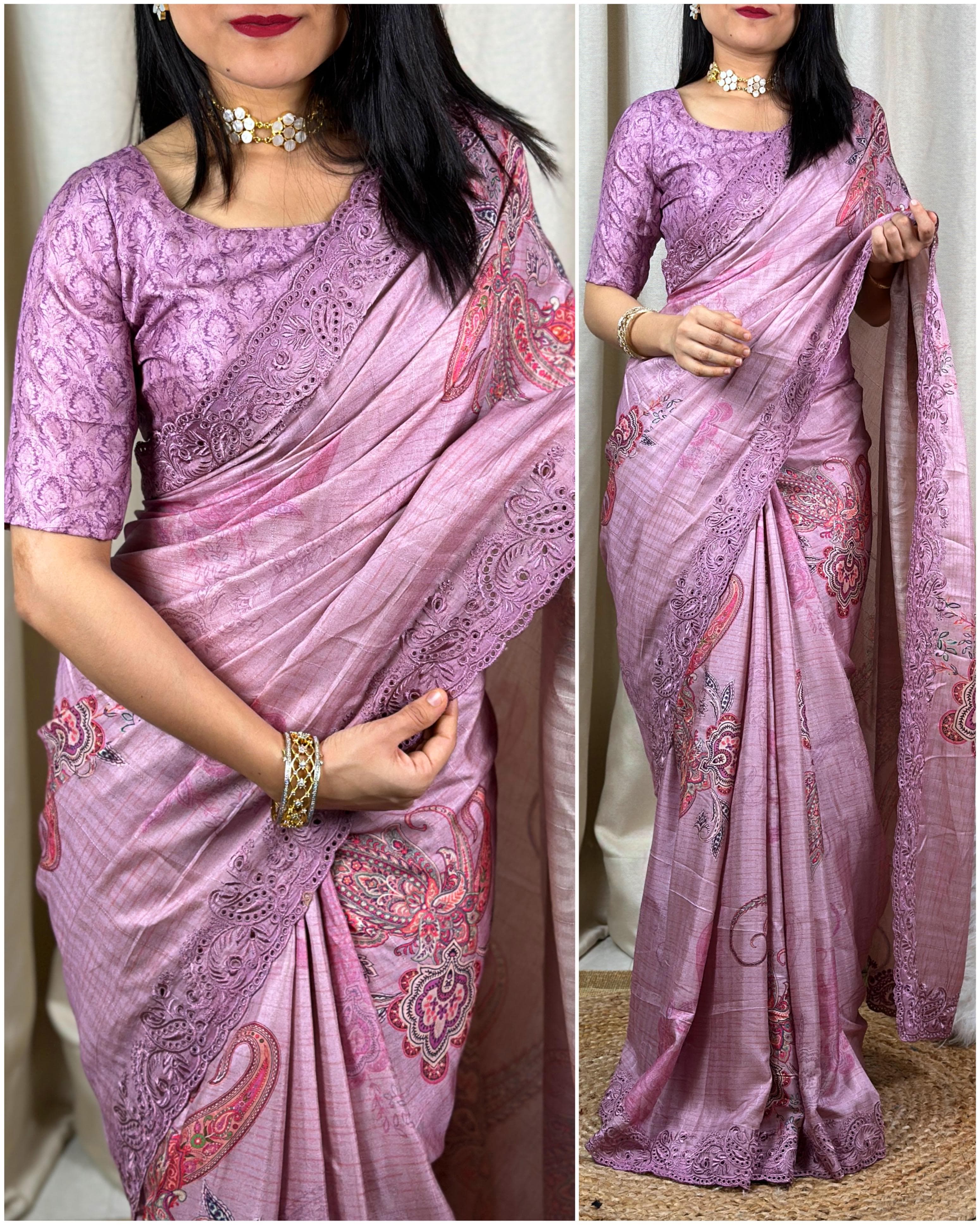 Lavender Color Visca Slub Silk Saree With Digital Print And Thread Embroidered Work