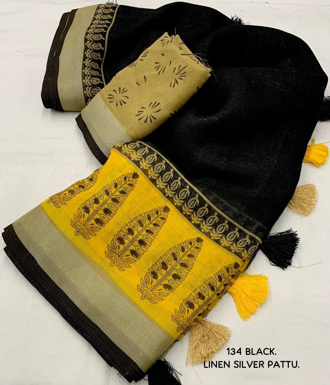 Black And Yellow Soft Linen Saree With Silver Pattu Border