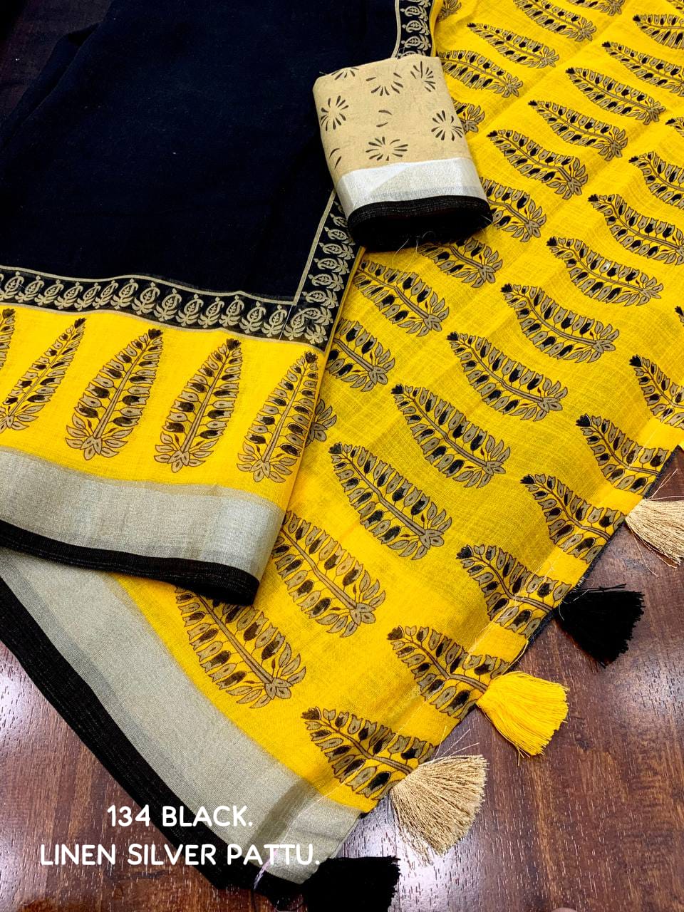 Black And Yellow Soft Linen Saree With Silver Pattu Border