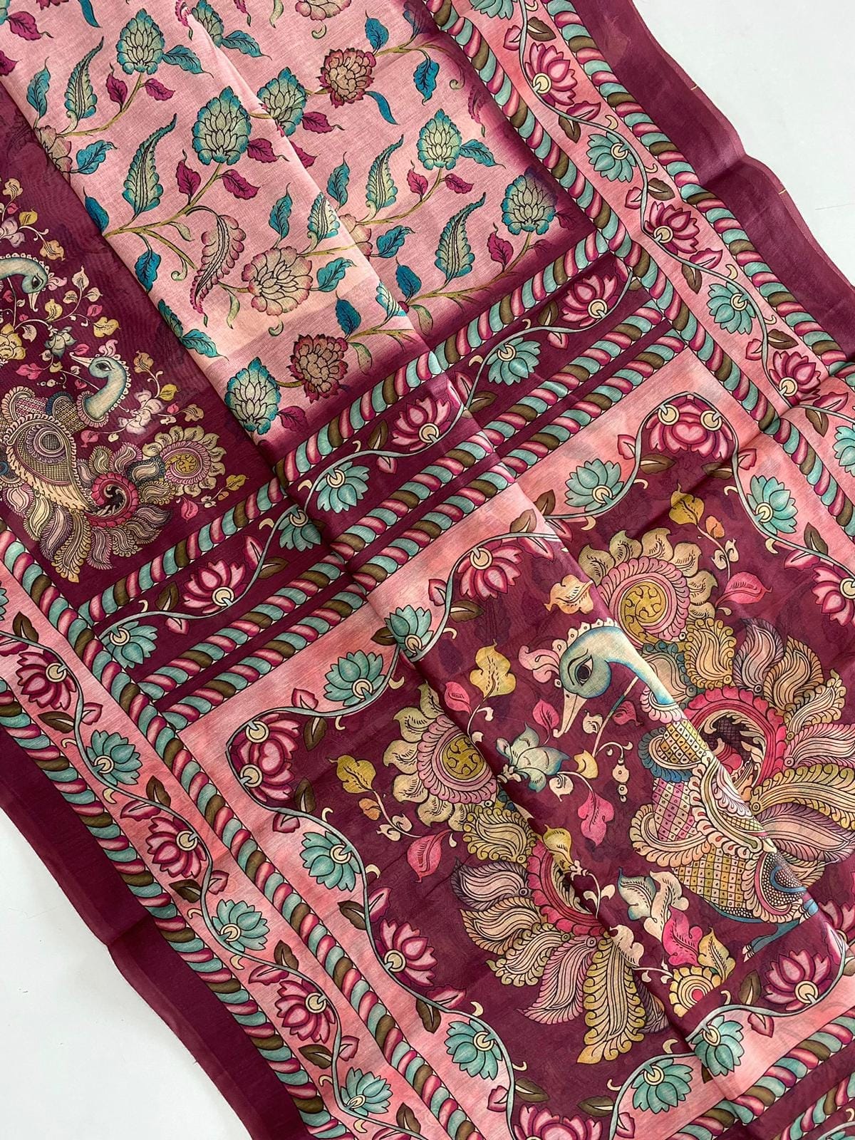 Pink Color Pure Malai Cotton Saree With Elegant Kalamkari Patterns Prints