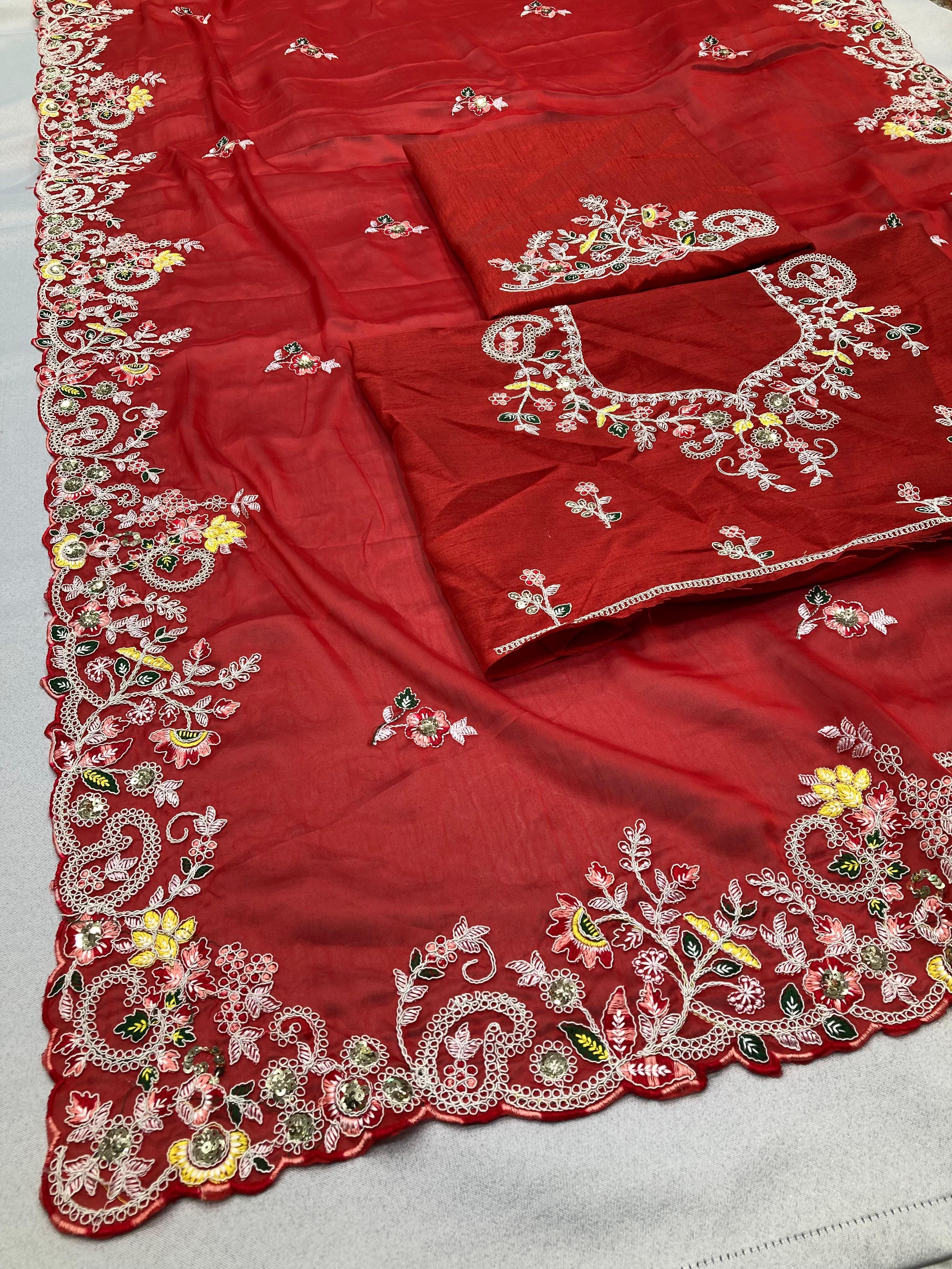 Soft Rangoli Silk Saree With C-Pallu With Multi Embroidery Work