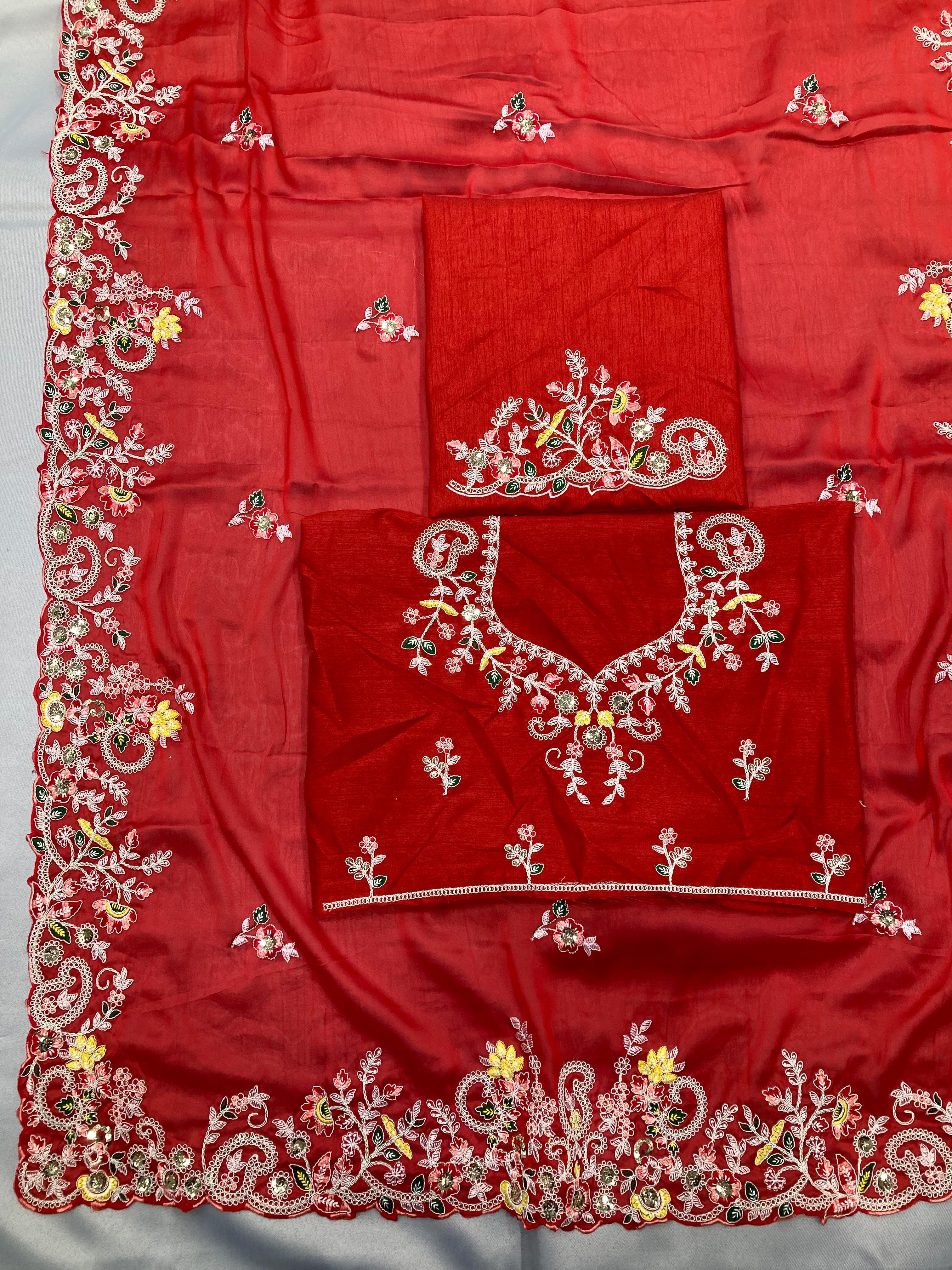 Soft Rangoli Silk Saree With C-Pallu With Multi Embroidery Work