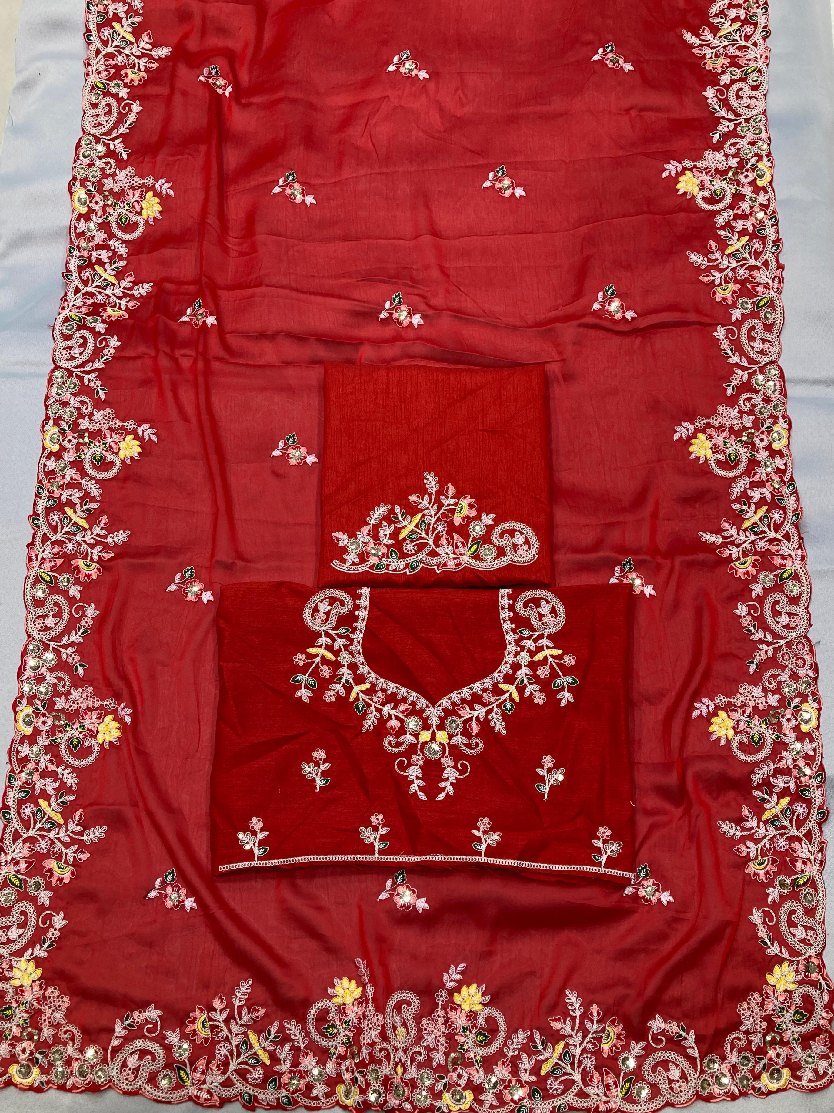 Soft Rangoli Silk Saree With C-Pallu With Multi Embroidery Work