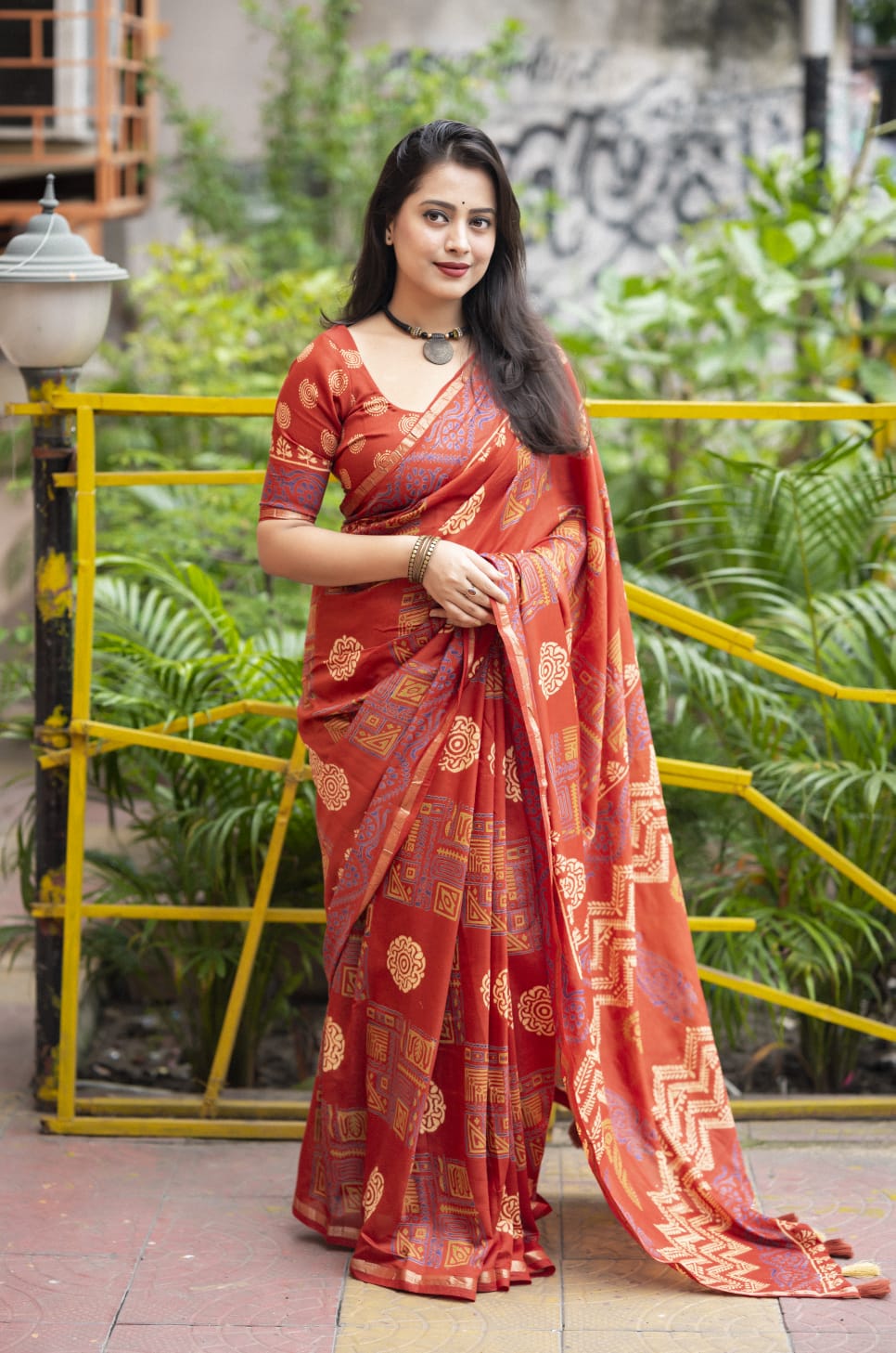 Ajrakh Hand Block Printed Pure Chanderi Cotton Saree With Zari Woven Pattu Border in Rust Red Color