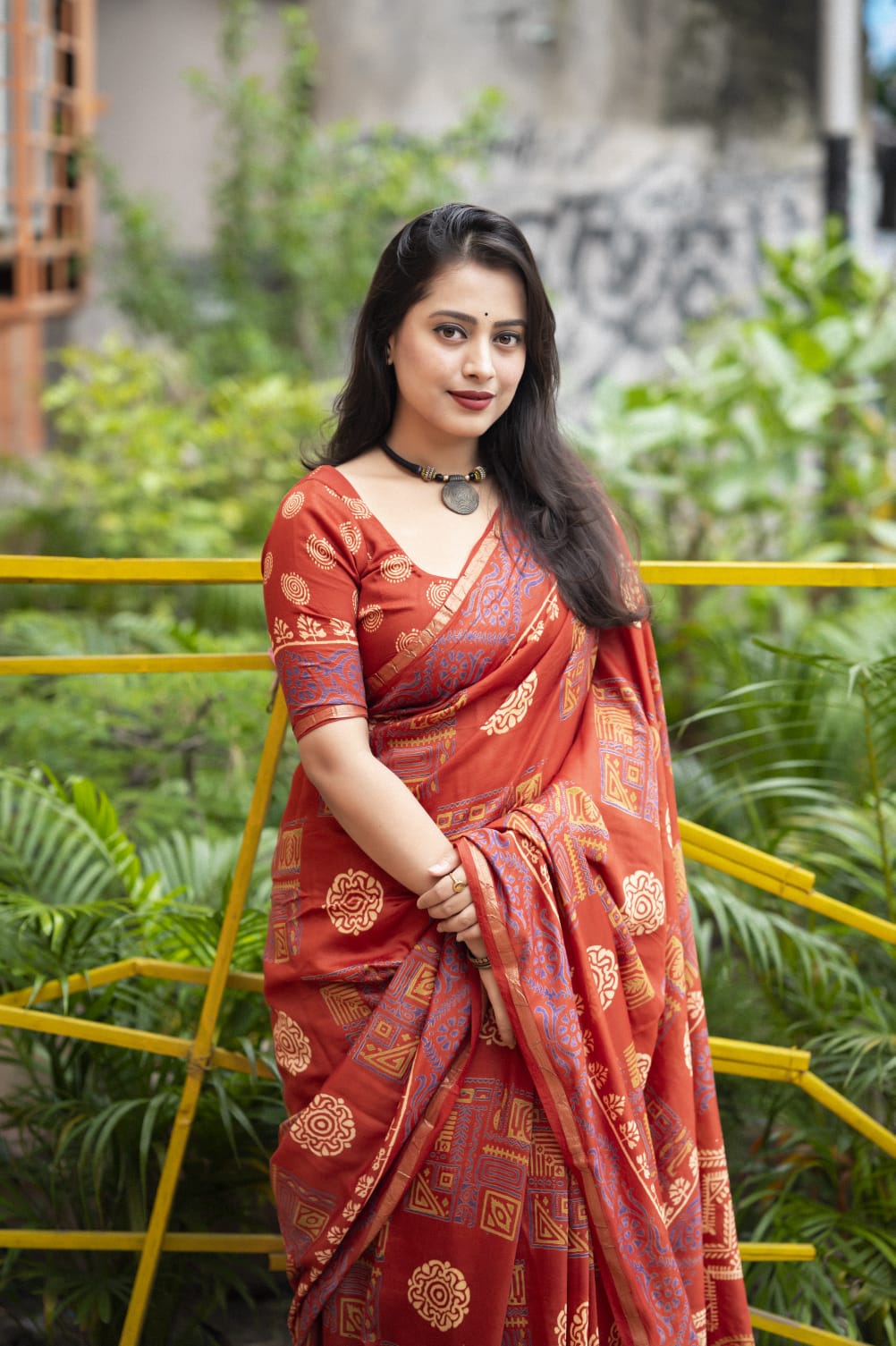 Ajrakh Hand Block Printed Pure Chanderi Cotton Saree With Zari Woven Pattu Border in Rust Red Color