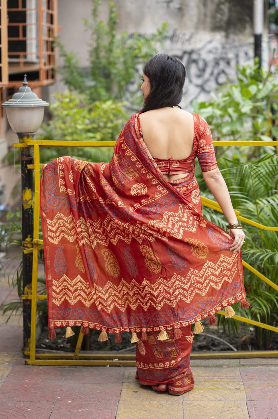 Ajrakh Hand Block Printed Pure Chanderi Cotton Saree With Zari Woven Pattu Border in Rust Red Color