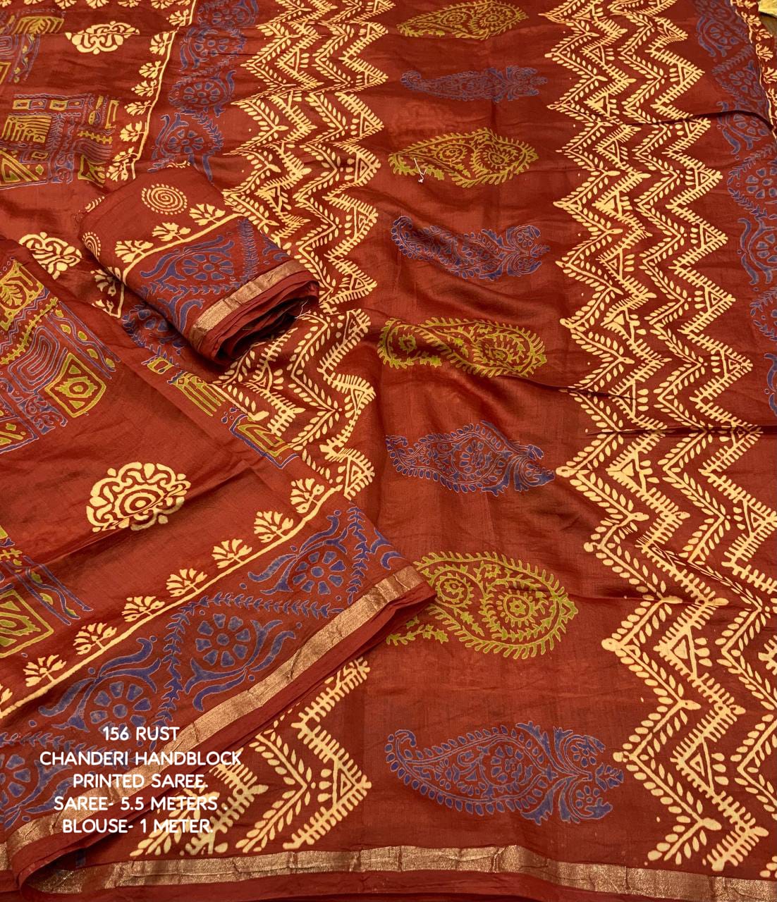 Ajrakh Hand Block Printed Pure Chanderi Cotton Saree With Zari Woven Pattu Border in Rust Red Color