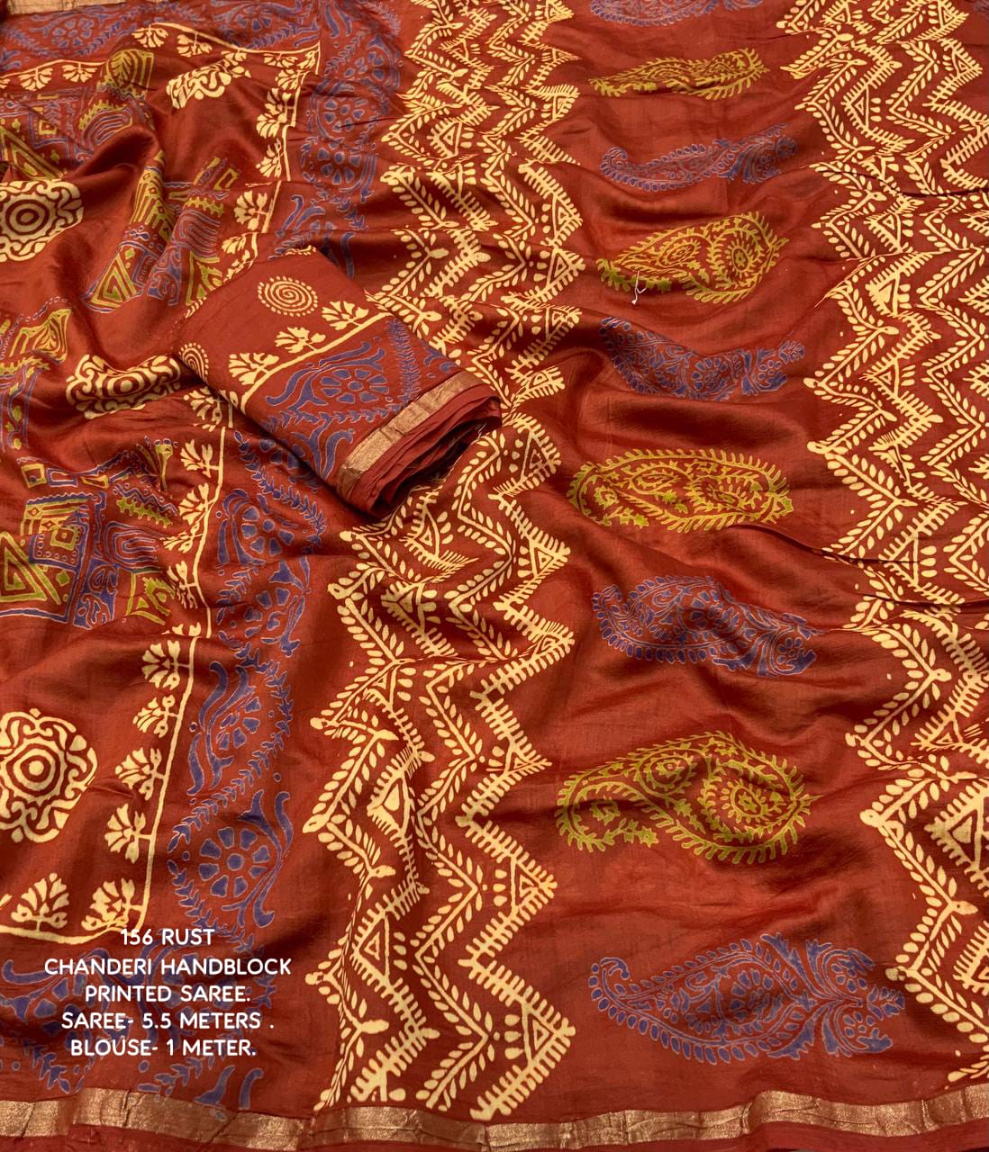 Ajrakh Hand Block Printed Pure Chanderi Cotton Saree With Zari Woven Pattu Border in Rust Red Color