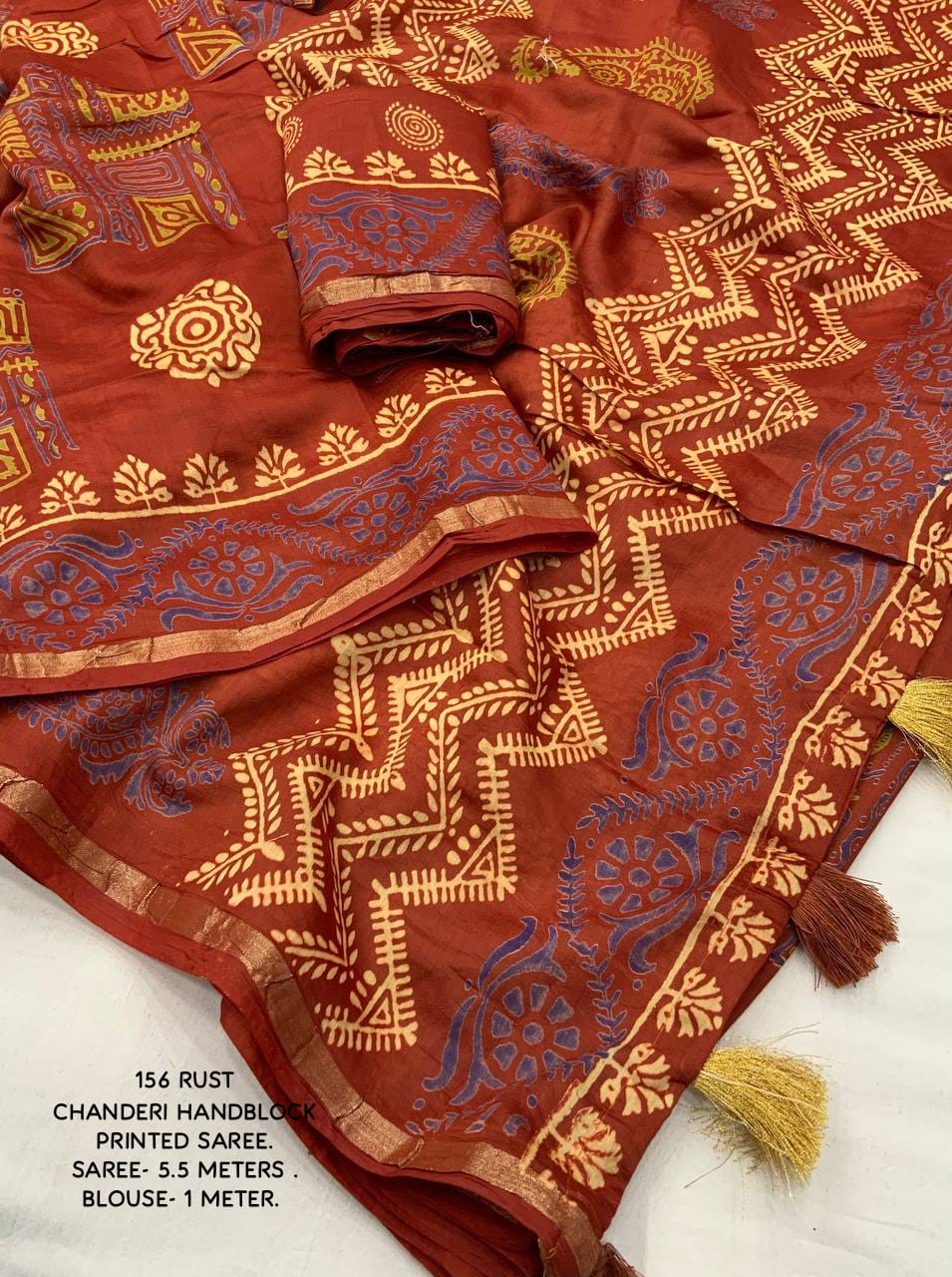 Ajrakh Hand Block Printed Pure Chanderi Cotton Saree With Zari Woven Pattu Border in Rust Red Color