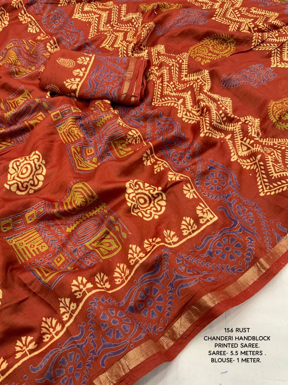 Ajrakh Hand Block Printed Pure Chanderi Cotton Saree With Zari Woven Pattu Border in Rust Red Color