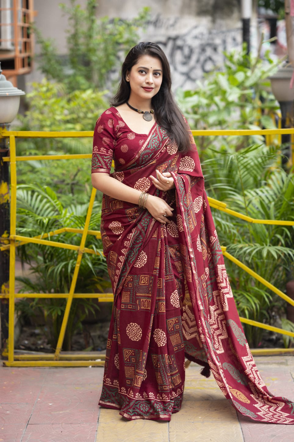 Ajrakh Hand Block Printed Pure Chanderi Cotton Saree With Zari Woven Pattu Border in Maroon Color