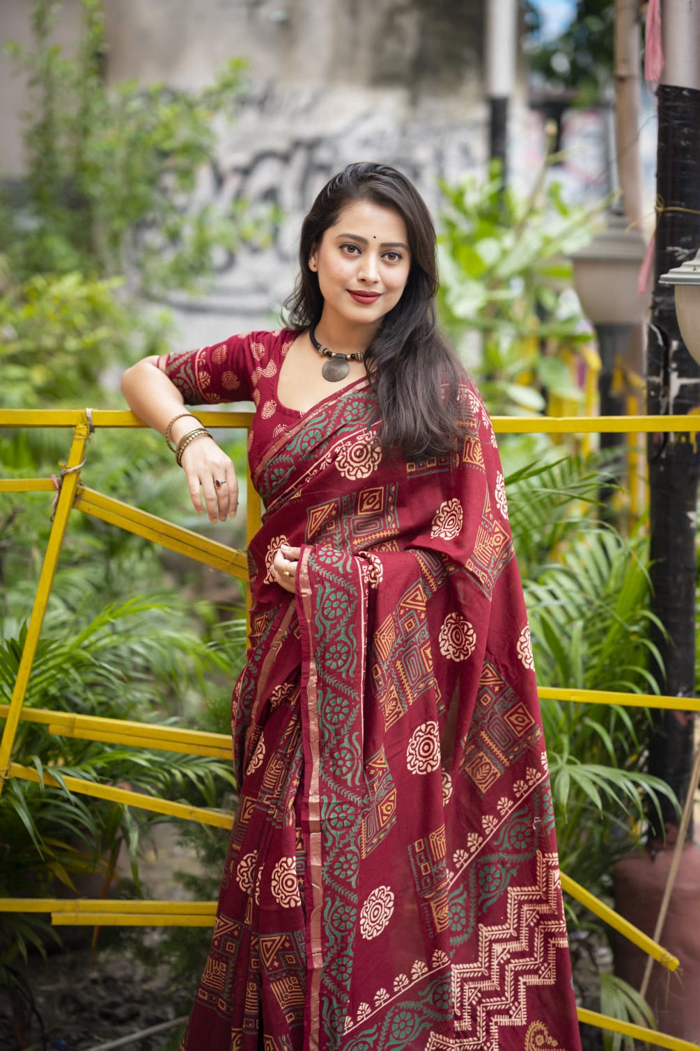 Ajrakh Hand Block Printed Pure Chanderi Cotton Saree With Zari Woven Pattu Border in Maroon Color