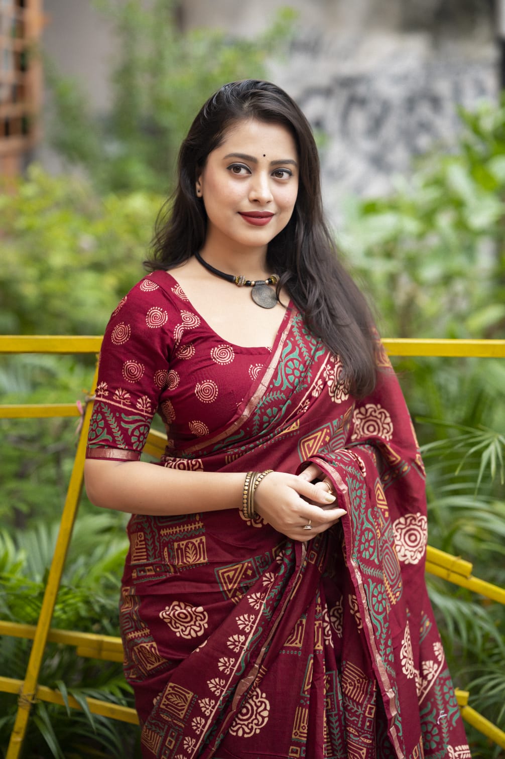 Ajrakh Hand Block Printed Pure Chanderi Cotton Saree With Zari Woven Pattu Border in Maroon Color