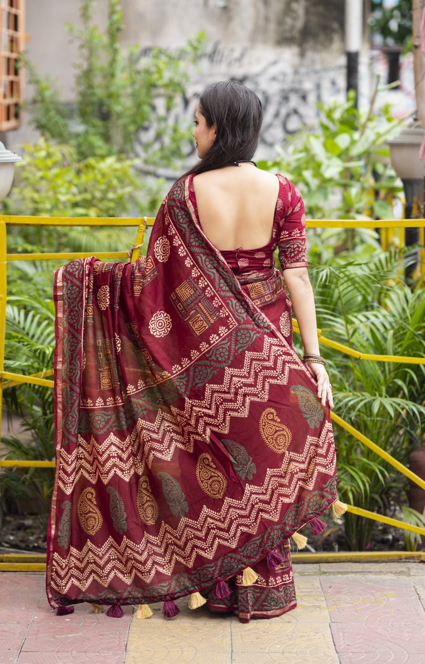 Ajrakh Hand Block Printed Pure Chanderi Cotton Saree With Zari Woven Pattu Border in Maroon Color