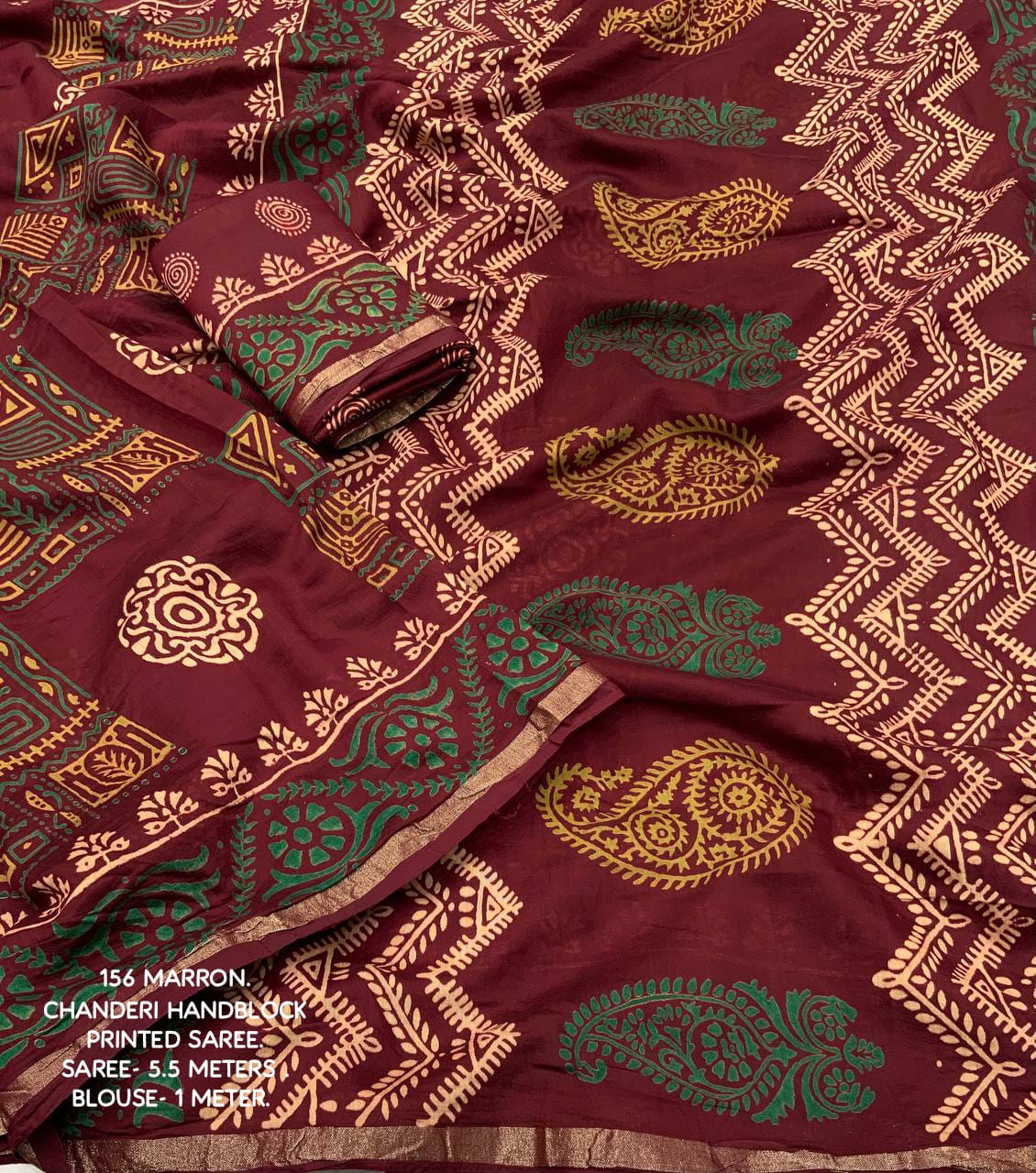 Ajrakh Hand Block Printed Pure Chanderi Cotton Saree With Zari Woven Pattu Border in Maroon Color