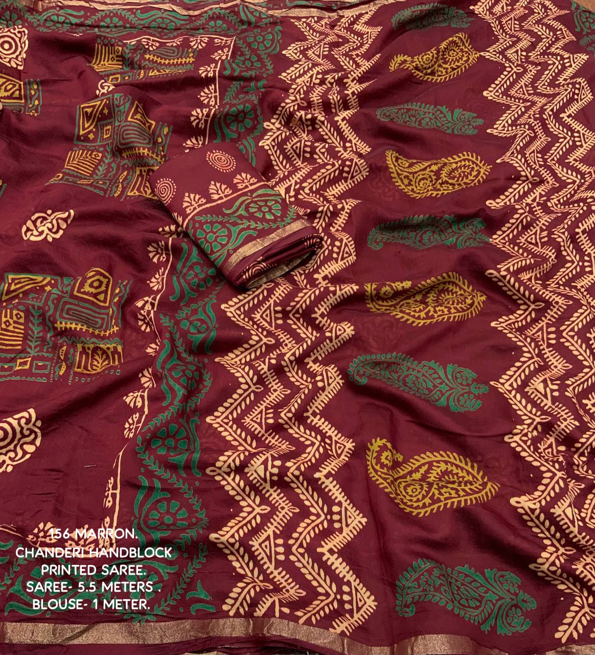 Ajrakh Hand Block Printed Pure Chanderi Cotton Saree With Zari Woven Pattu Border in Maroon Color