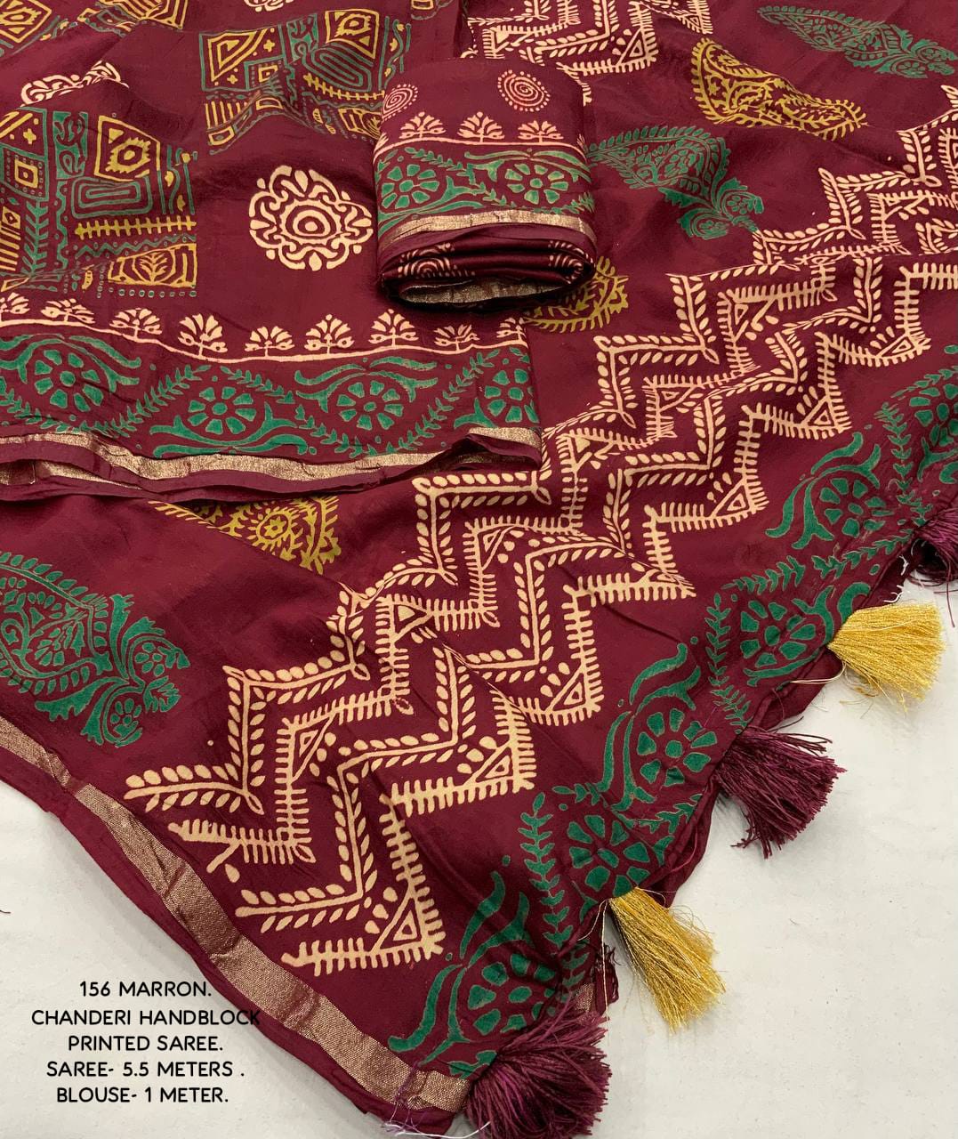 Ajrakh Hand Block Printed Pure Chanderi Cotton Saree With Zari Woven Pattu Border in Maroon Color