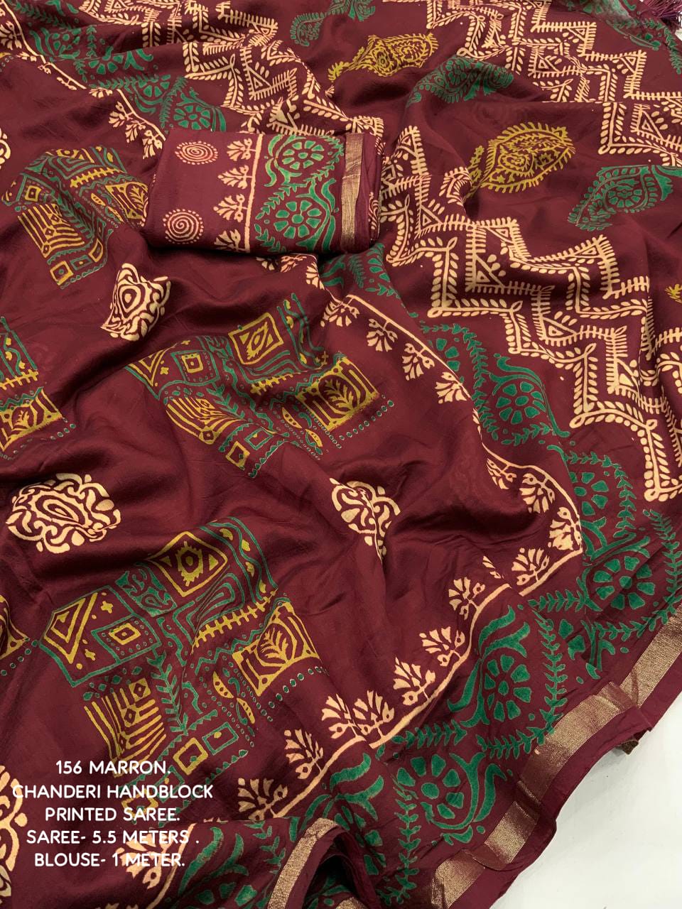 Ajrakh Hand Block Printed Pure Chanderi Cotton Saree With Zari Woven Pattu Border in Maroon Color