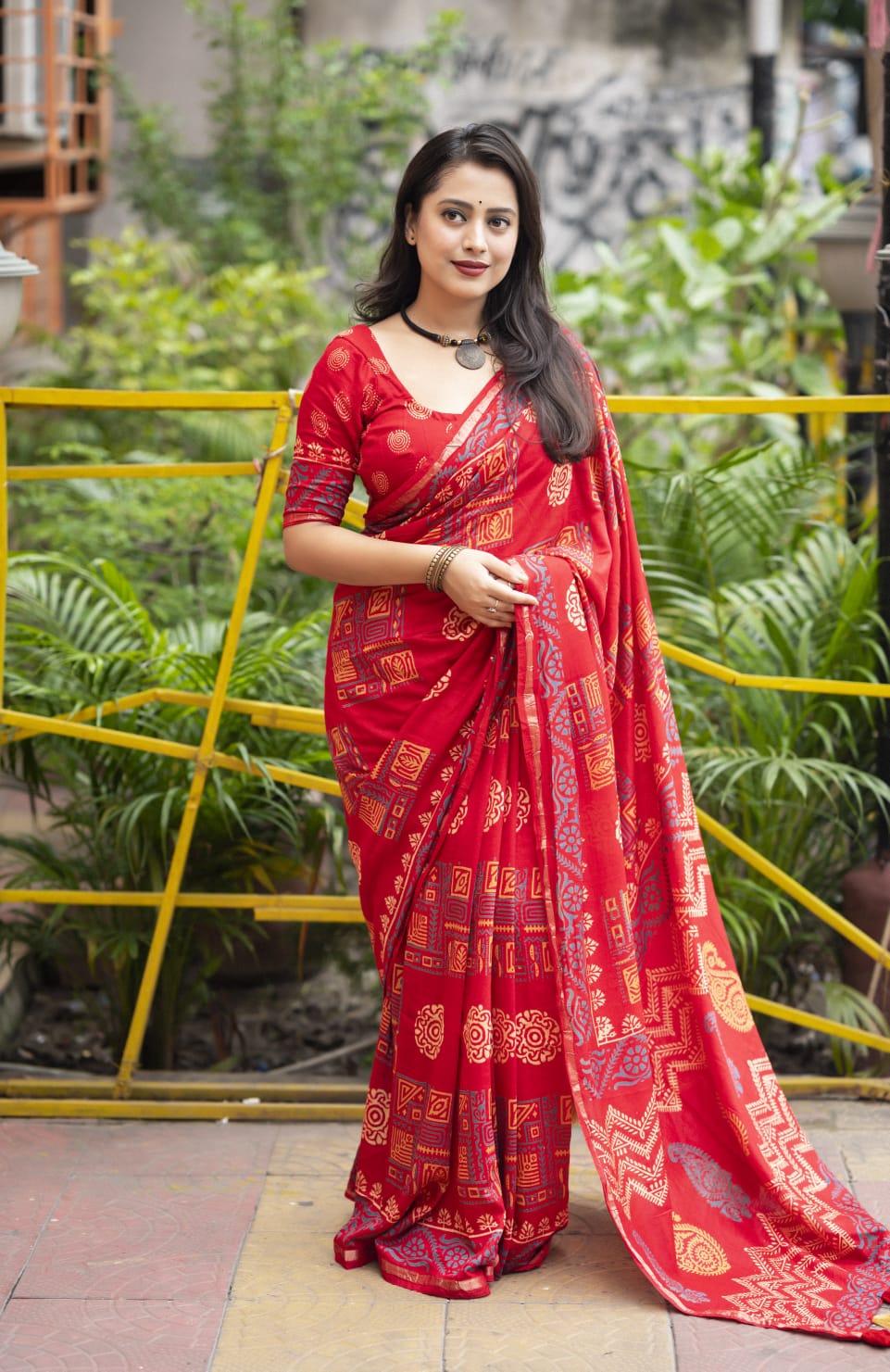 Ajrakh Hand Block Printed Pure Chanderi Cotton Saree With Zari Woven Pattu Border in Red Color